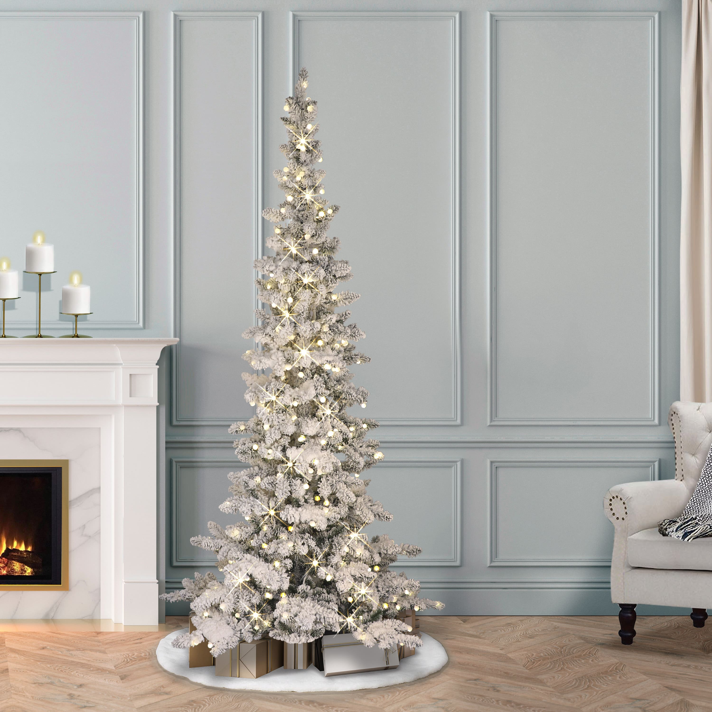 6.5 ft Pre-Lit Flocked Whistler Artificial Pine Tree, Warm White LED Lights
