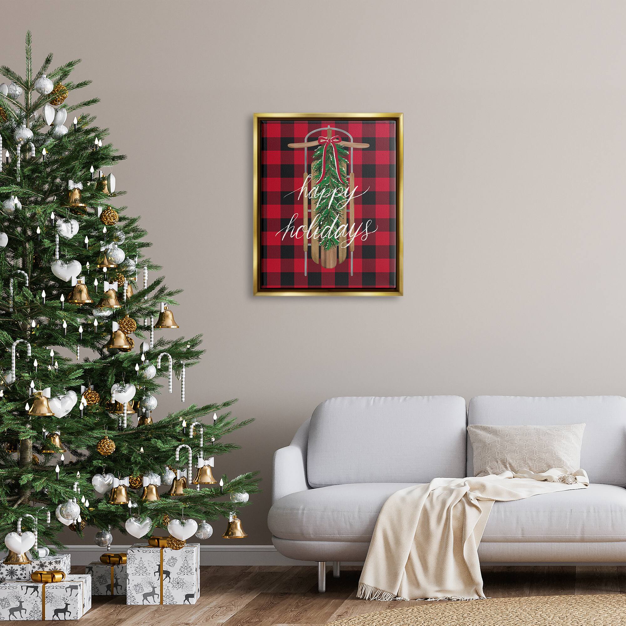 Stupell Industries Happy Holidays Tartan Sled Framed Floater Canvas Wall Art