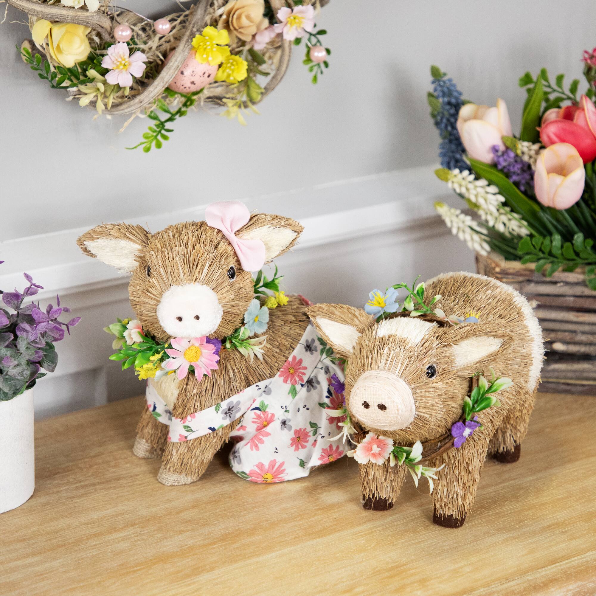 10.25" Brown & Beige Boy Piglet with Floral Wreath Spring Figurine