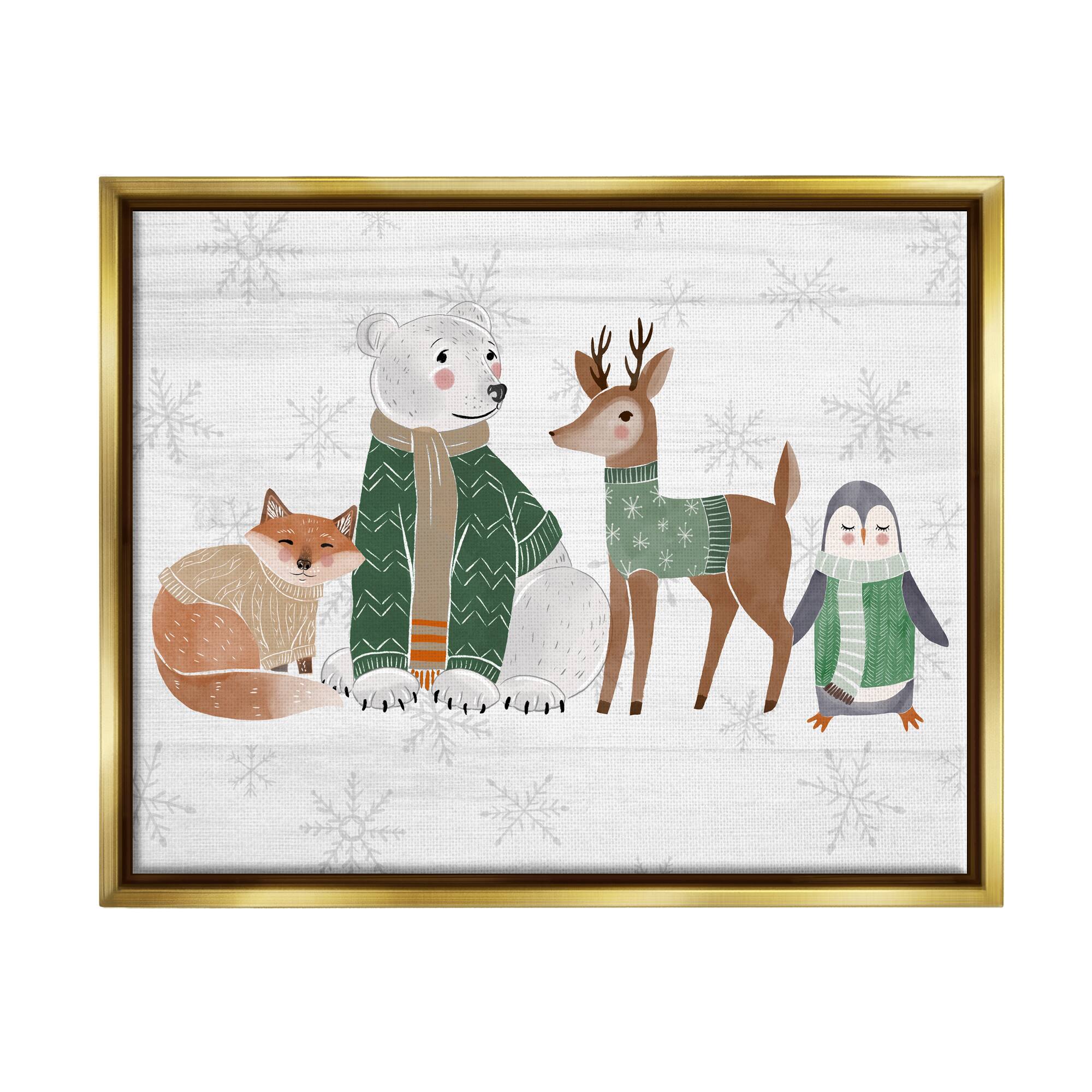 Stupell Industries Winter Wildlife Animals Snowflakes Framed Floater Canvas Wall Art