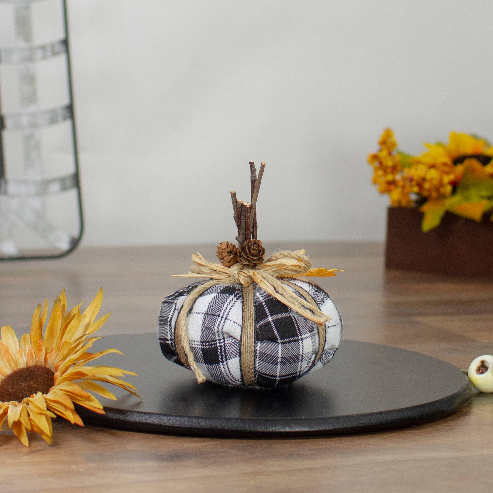 5" Black & White Plaid Fall Harvest Plush Pumpkin