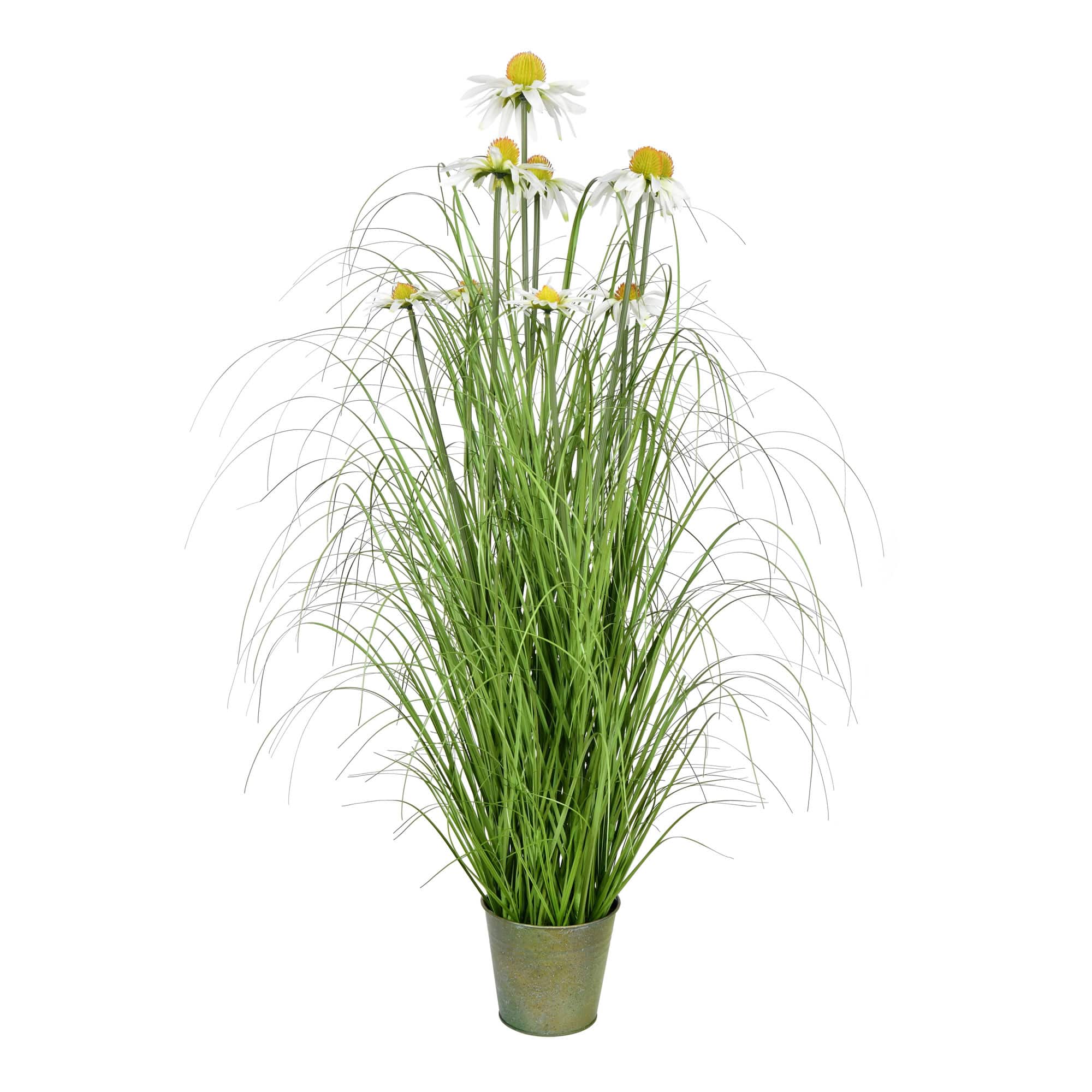 Artificial Green Grass & Daisies in Iron Pot