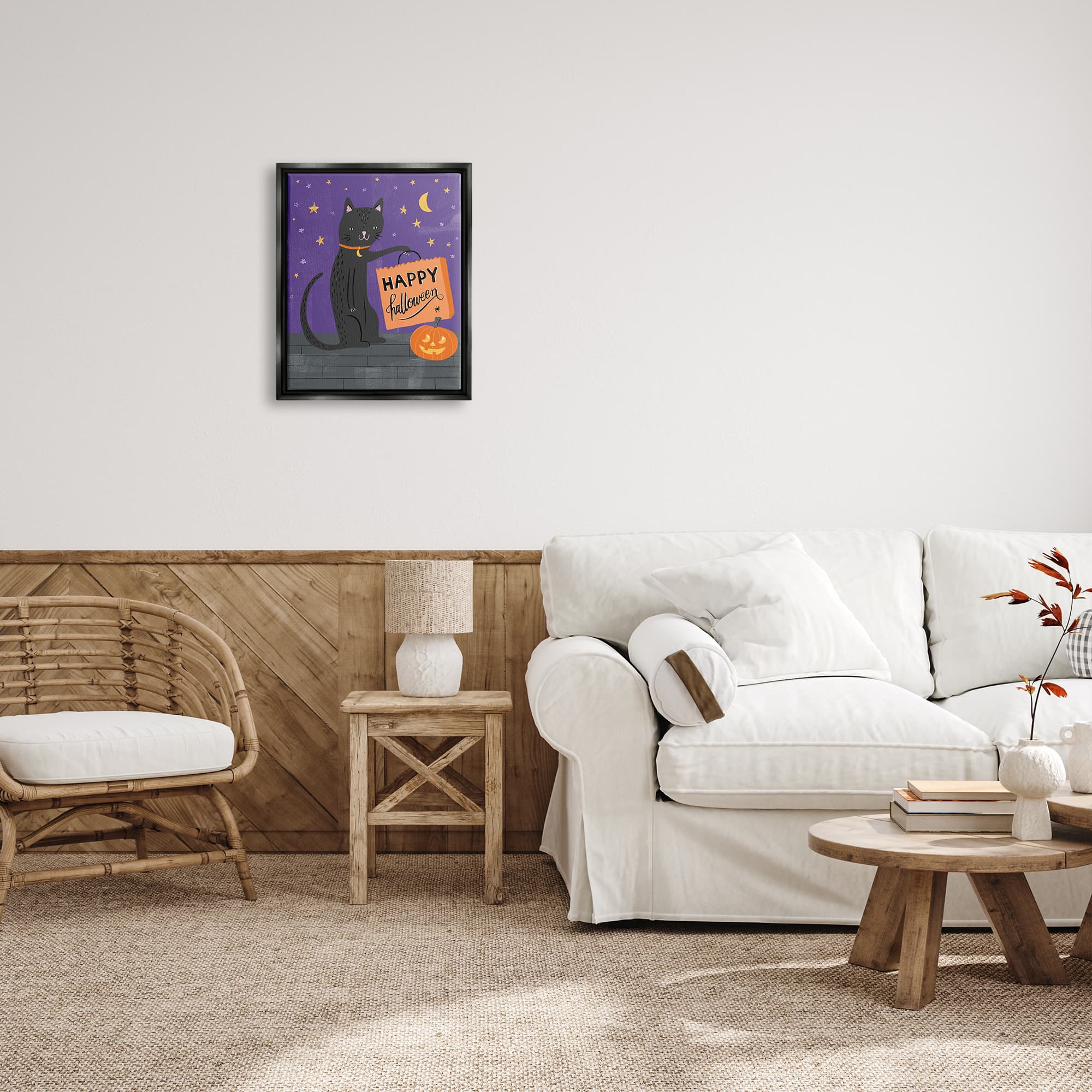 Stupell Industries Happy Halloween Black Cat Framed Floater Canvas Wall Art