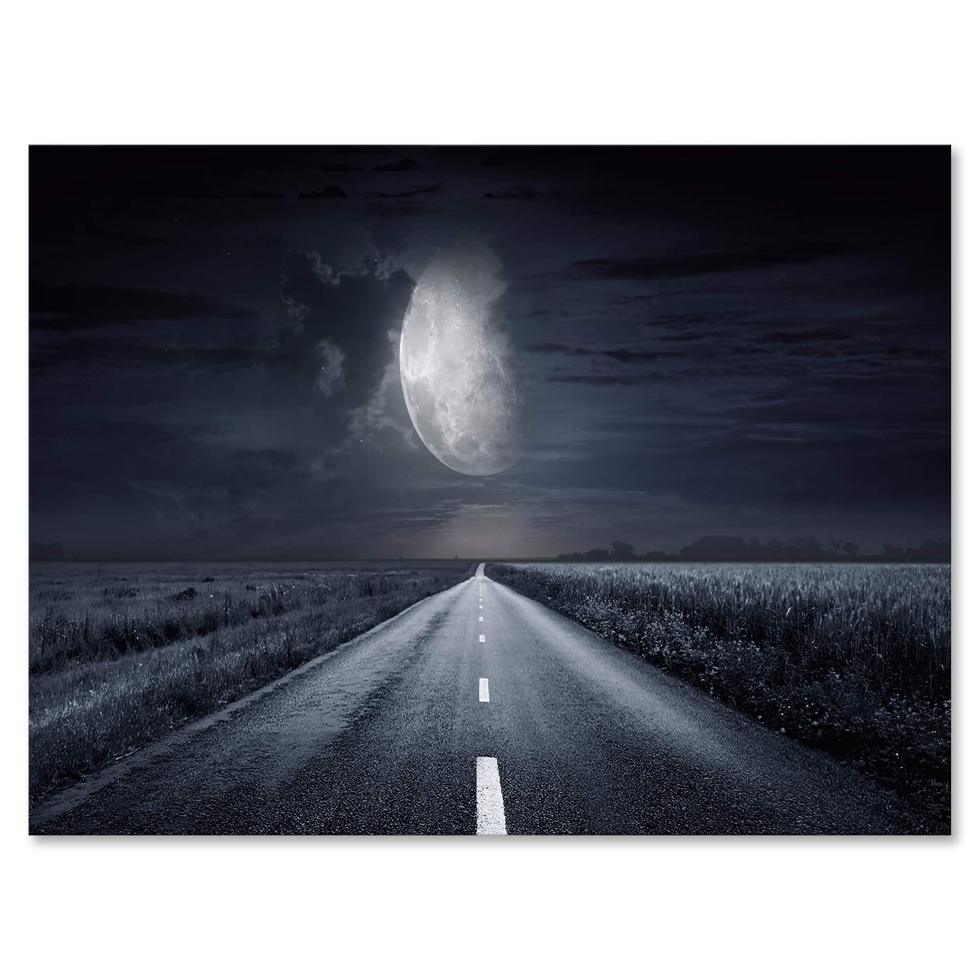 Designart - Asphalt Road Under Cloudy Full Moon III