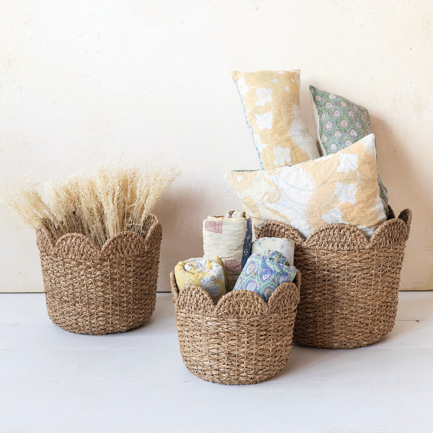 Hello Honey® Natural Scalloped Edge Braided Bankuan & Rattan Basket Set