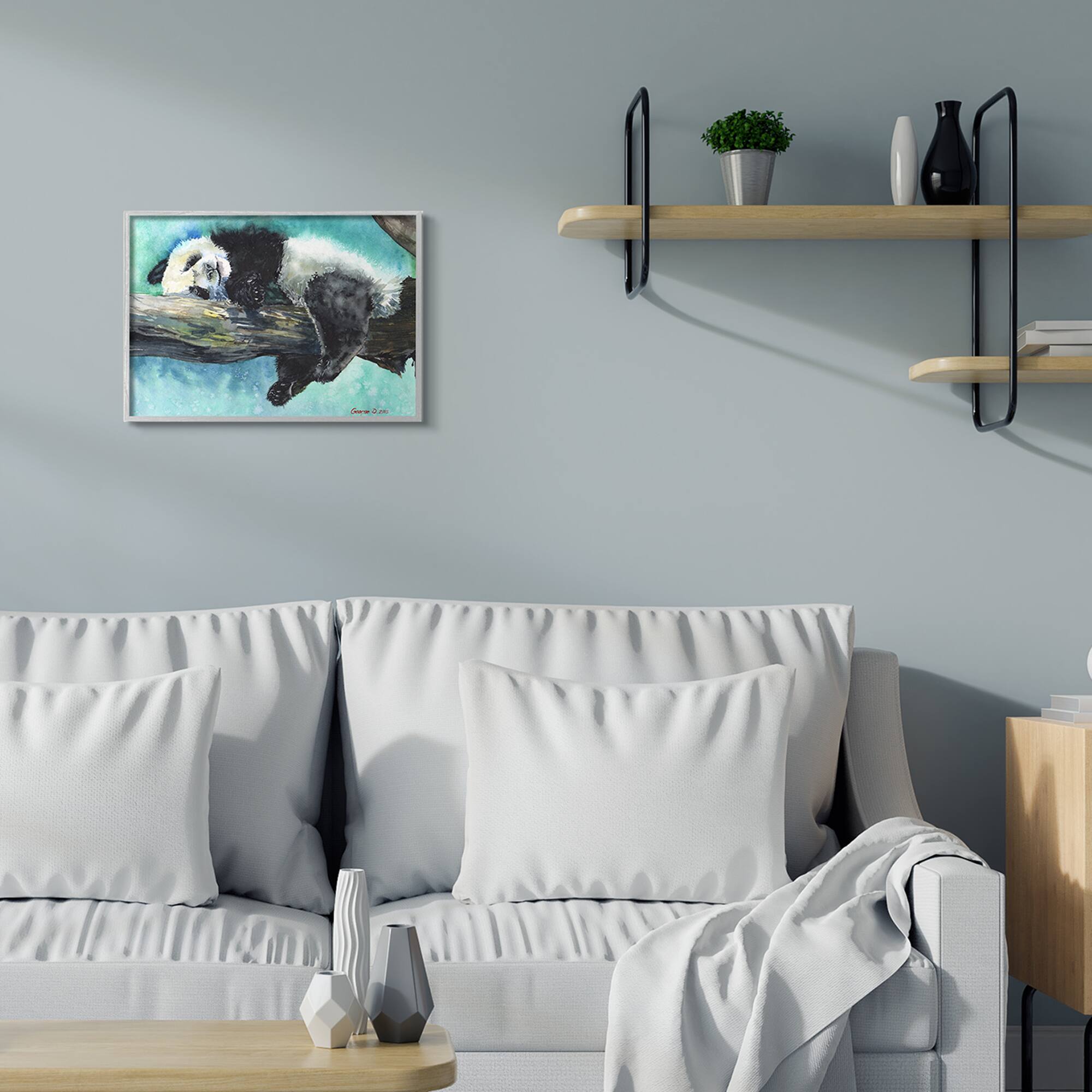 Stupell Industries Sleepy Baby Panda in Tree over Vibrant Blue in Gray Frame Wall Art