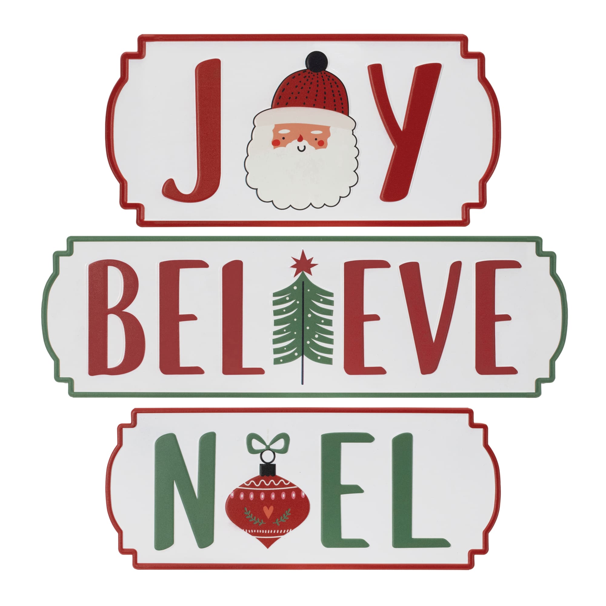 94971DS 12.5 x 6 in., 15 x 6 in., 20 x 6 in. Iron Joy & Noel & Believe Plaque, White, Red & Green - Set of 3