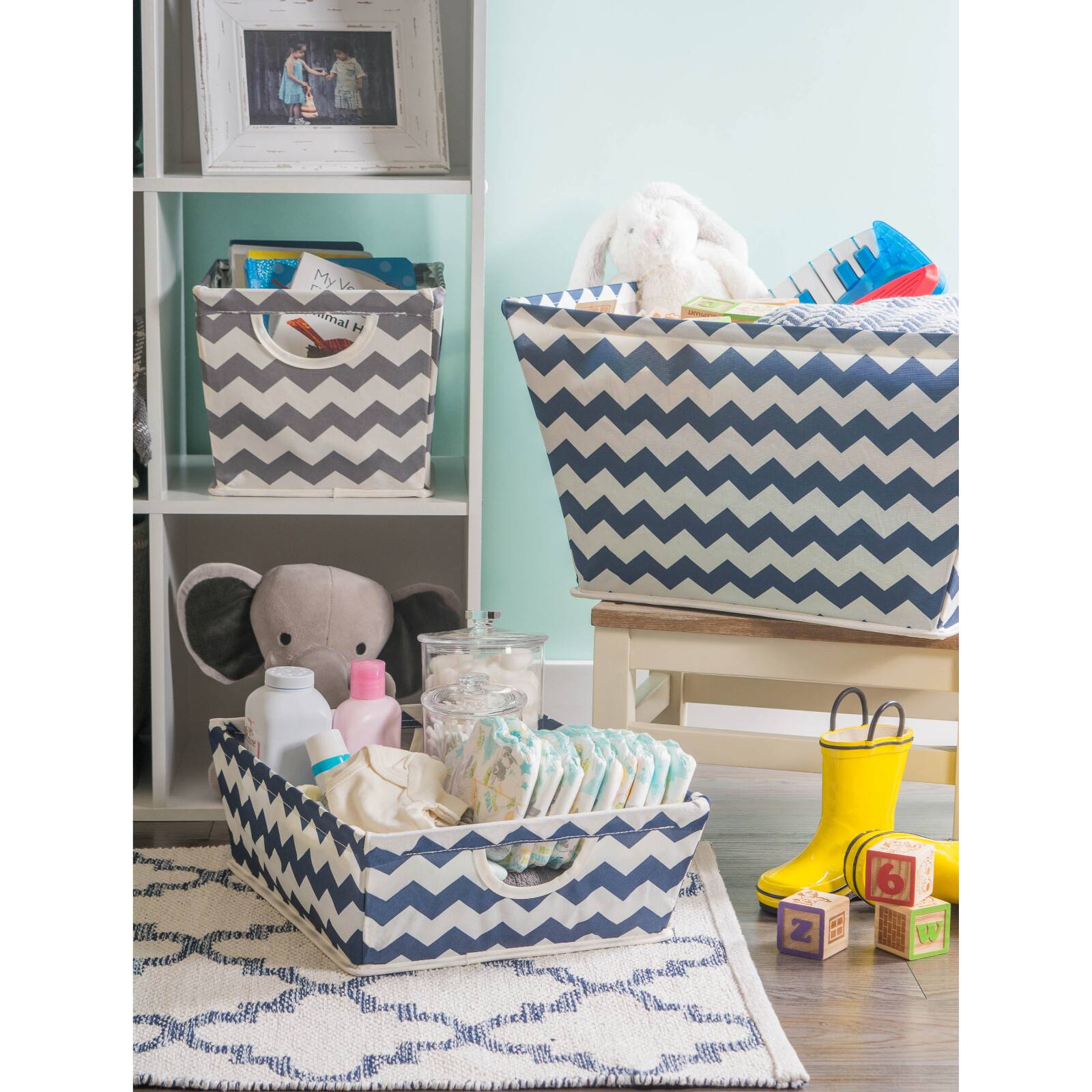 Nautical Blue Polyester Chevron Trapezoid Bin
