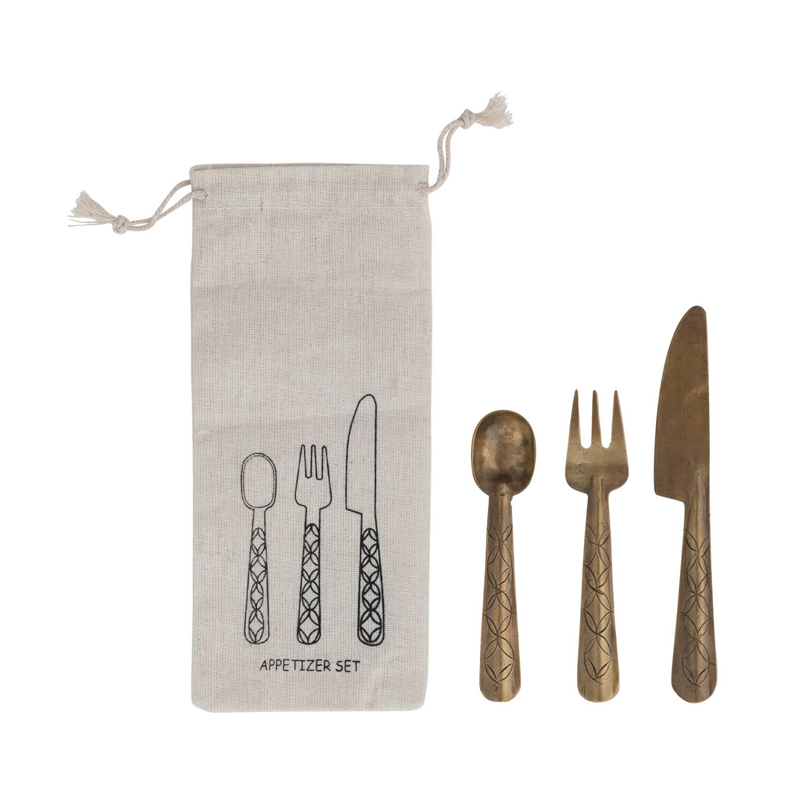 Hello Honey 3-Piece Hand-Forged Brass Appetizer Utensils with Etched Handles, Antique Finish