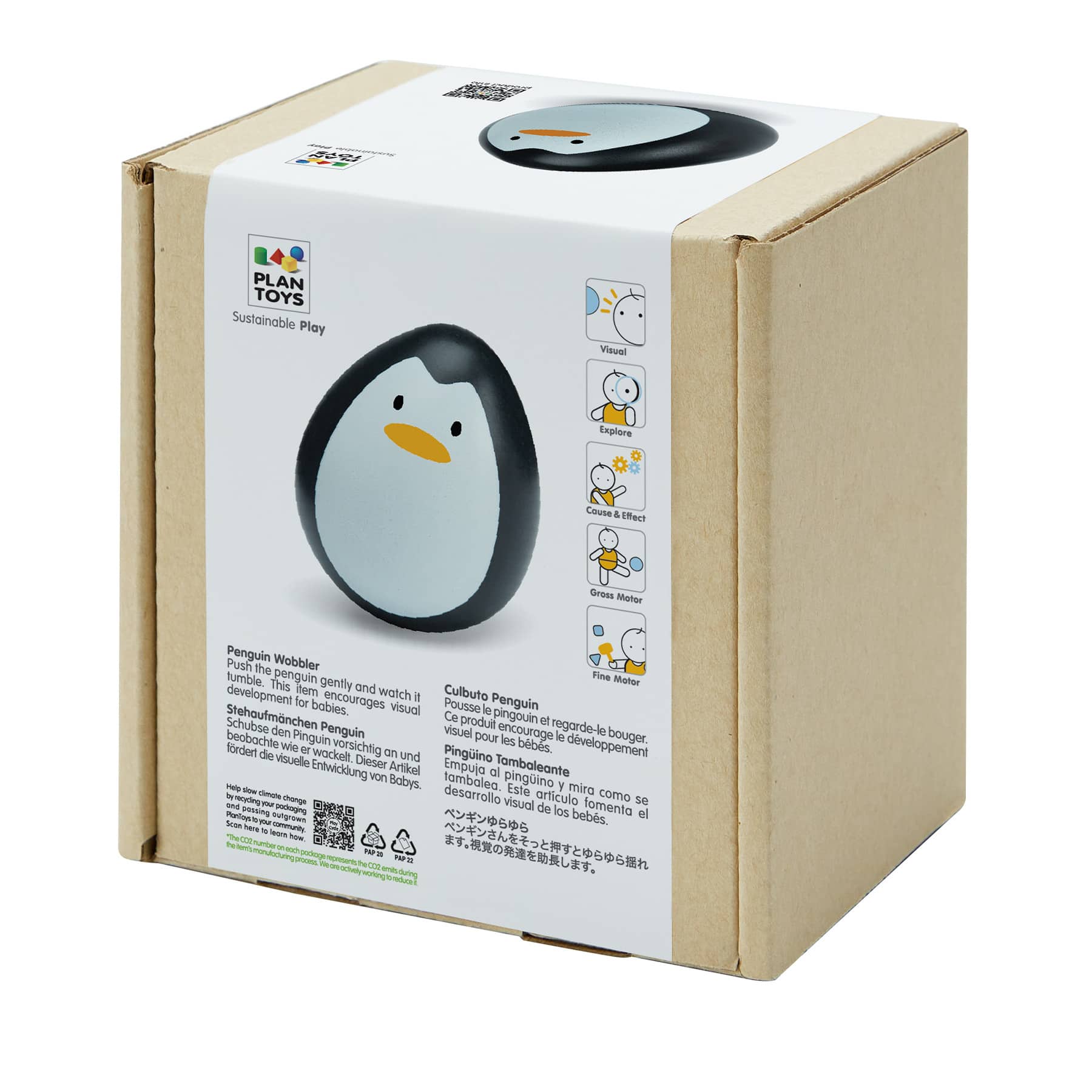 PlanToys 3" Black & White Penguin Wobbler Wooden Bounce Back Toy