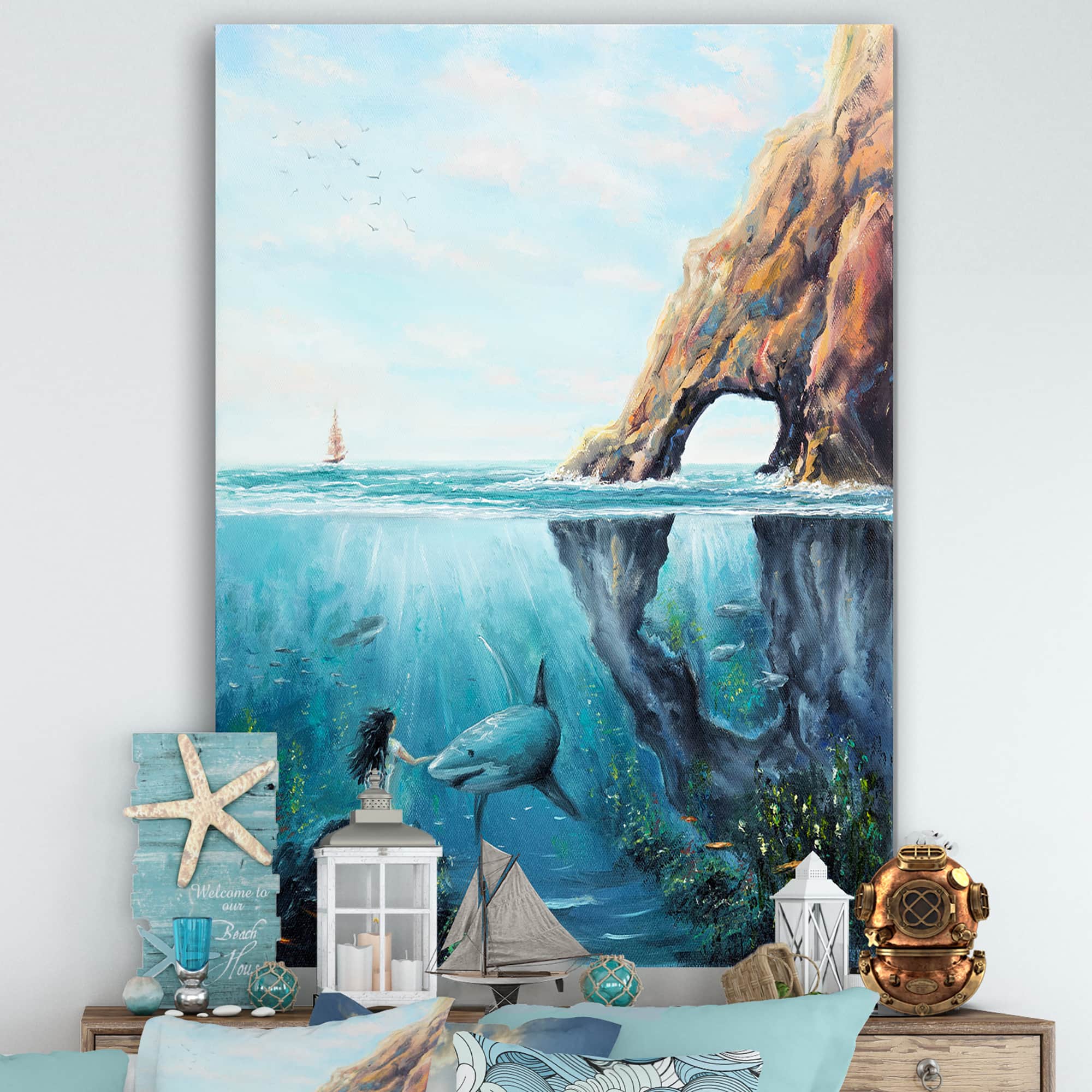 Designart - Underwater Fairy And Shark Ocean And MountaIn World - Nautical & Coastal Canvas Wall Art Print