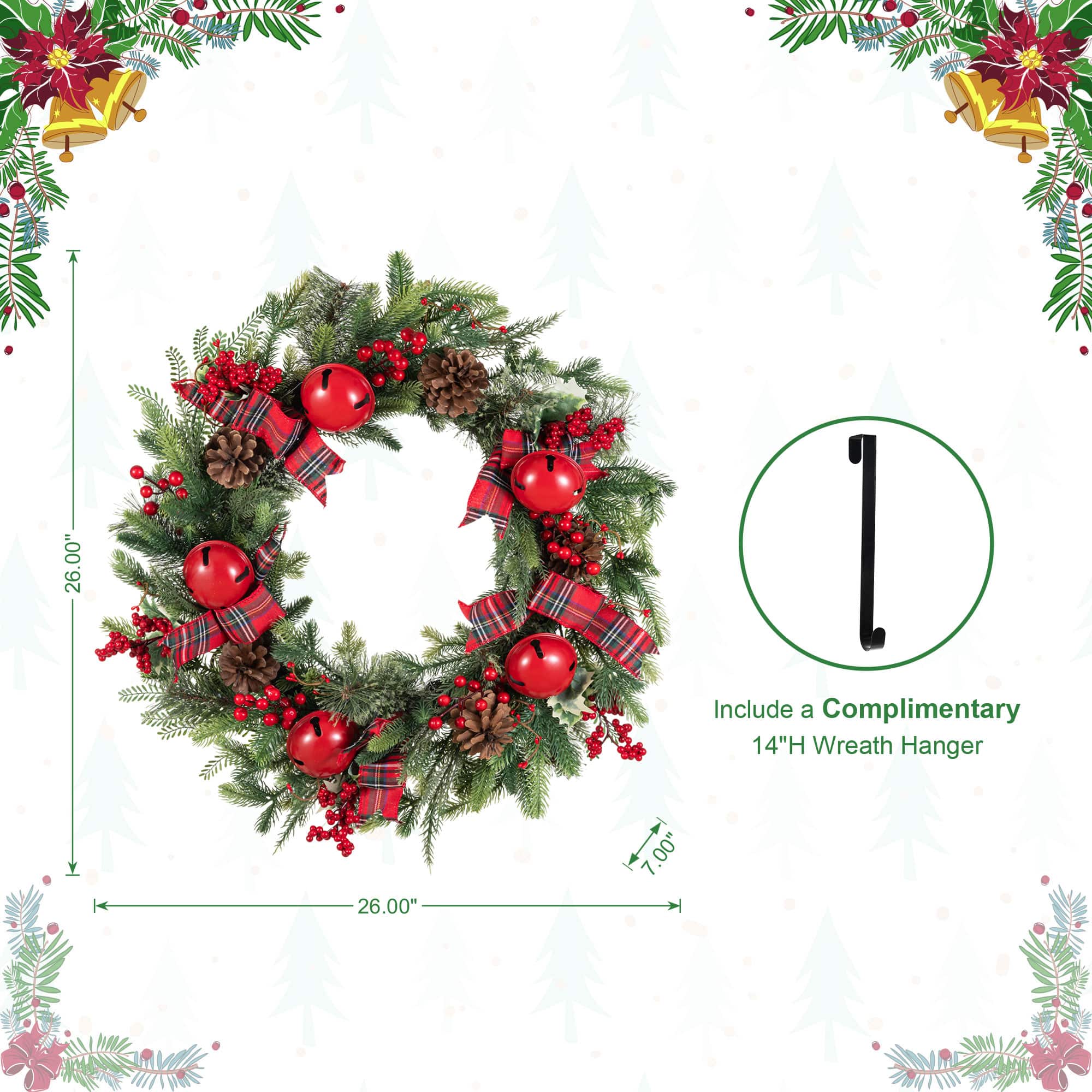 Glitzhome® 26" Christmas Bell Pinecone & Berry Bow Wreath