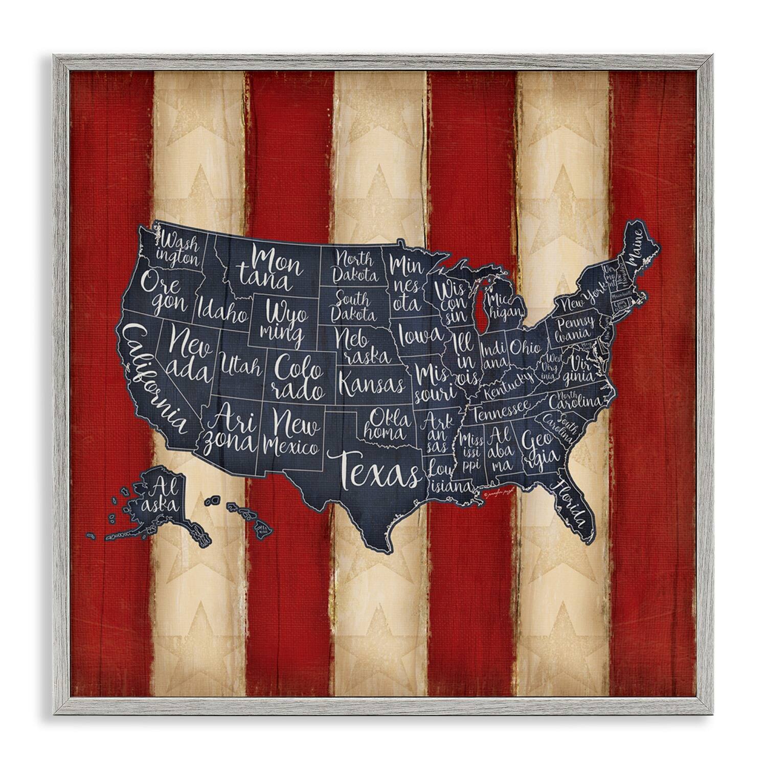 Stupell Industries United States Map on Stripes Framed Giclee Art