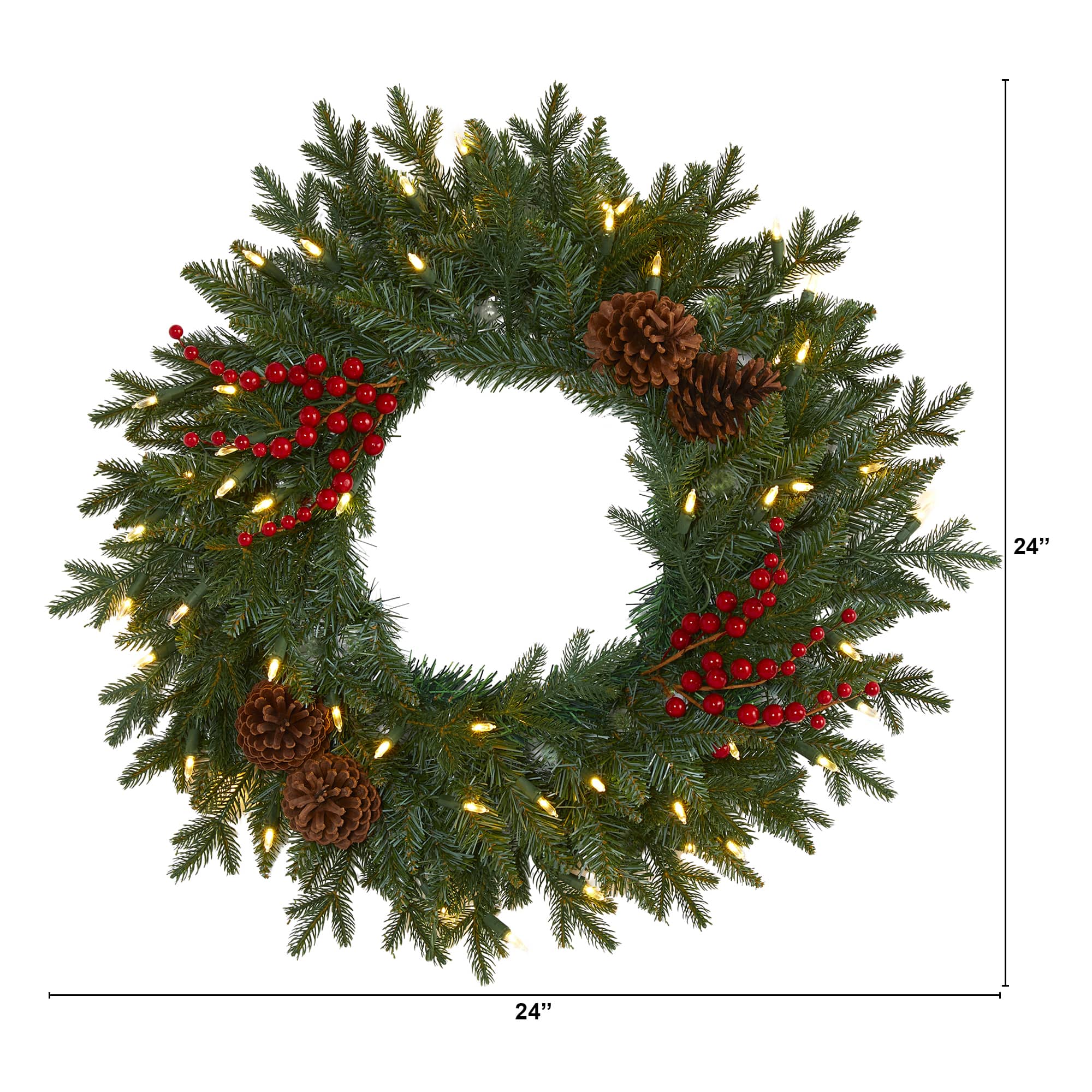 24" LED Green Pine Christmas Wreath with Berries & Pinecones