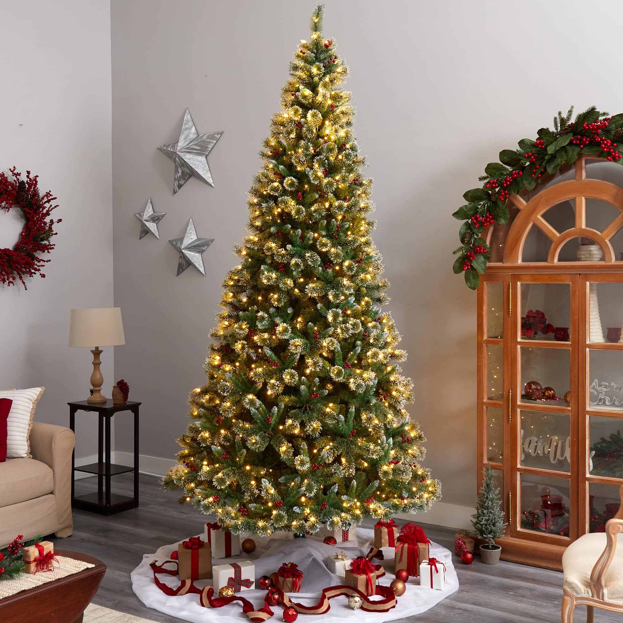 10ft. Pre-Lit Frosted Swiss Pine Artificial Christmas Tree with Berries, Clear LED Lights