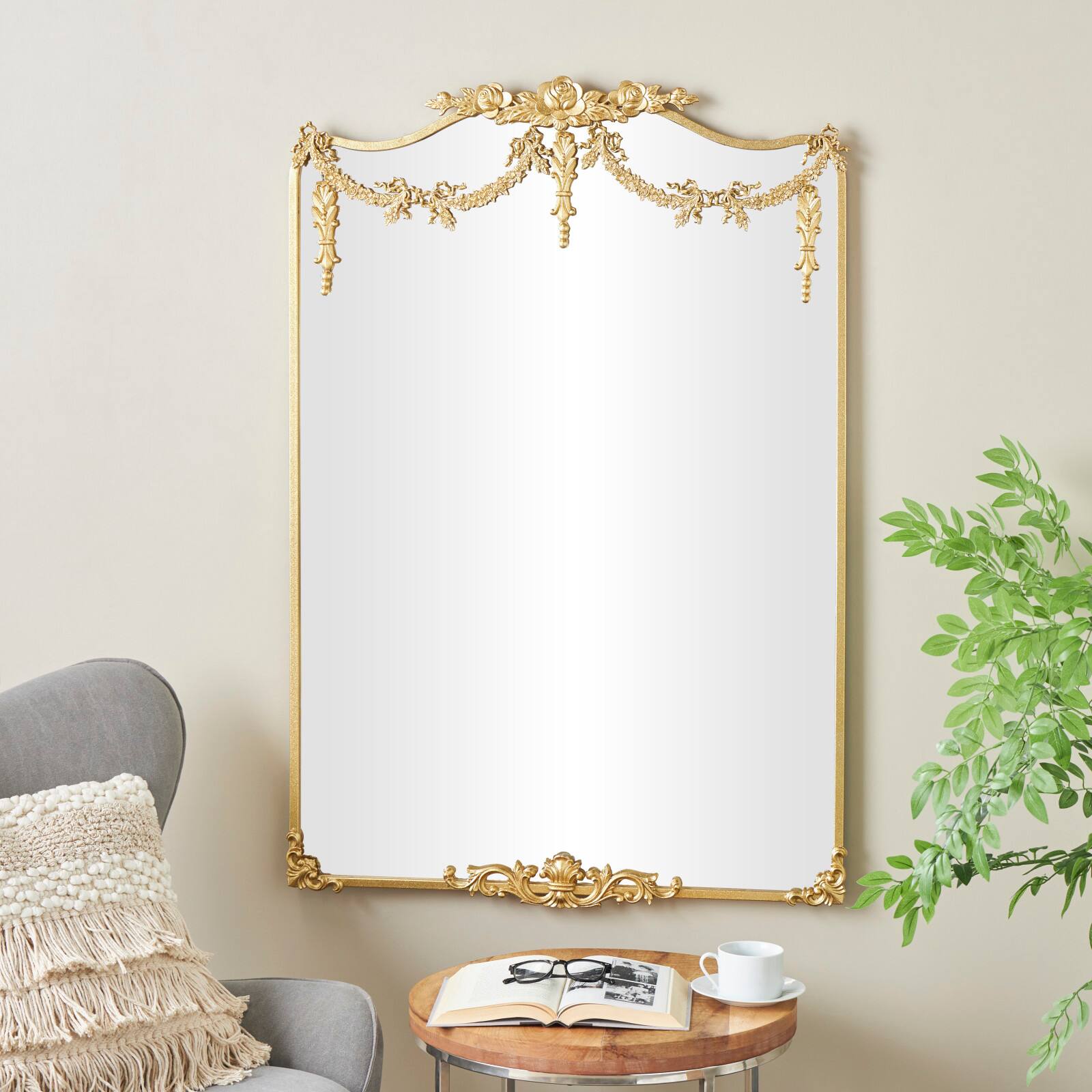 32" x 47" Gold Floral Embellished Metal Wall Mirror