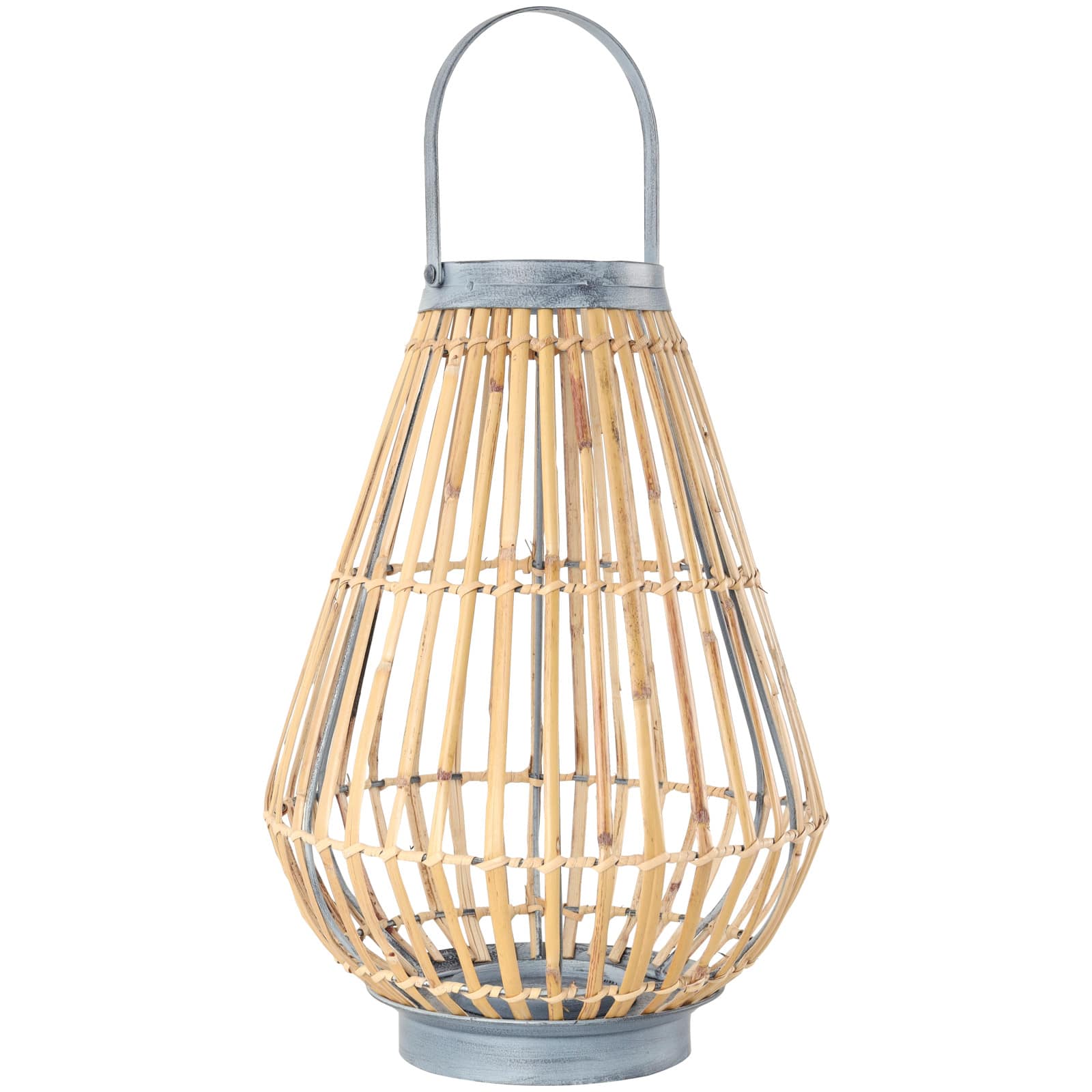 16" Brown Bamboo Handmade Open Framed Candle Lantern with Blue Metal Accents & Handle