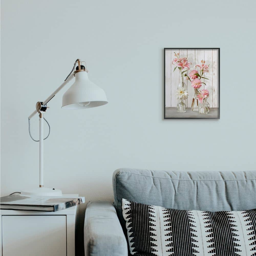Stupell Industries Spring Pink Florals in Glass Jars Feminine Rustic Flowers in Frame Wall Art