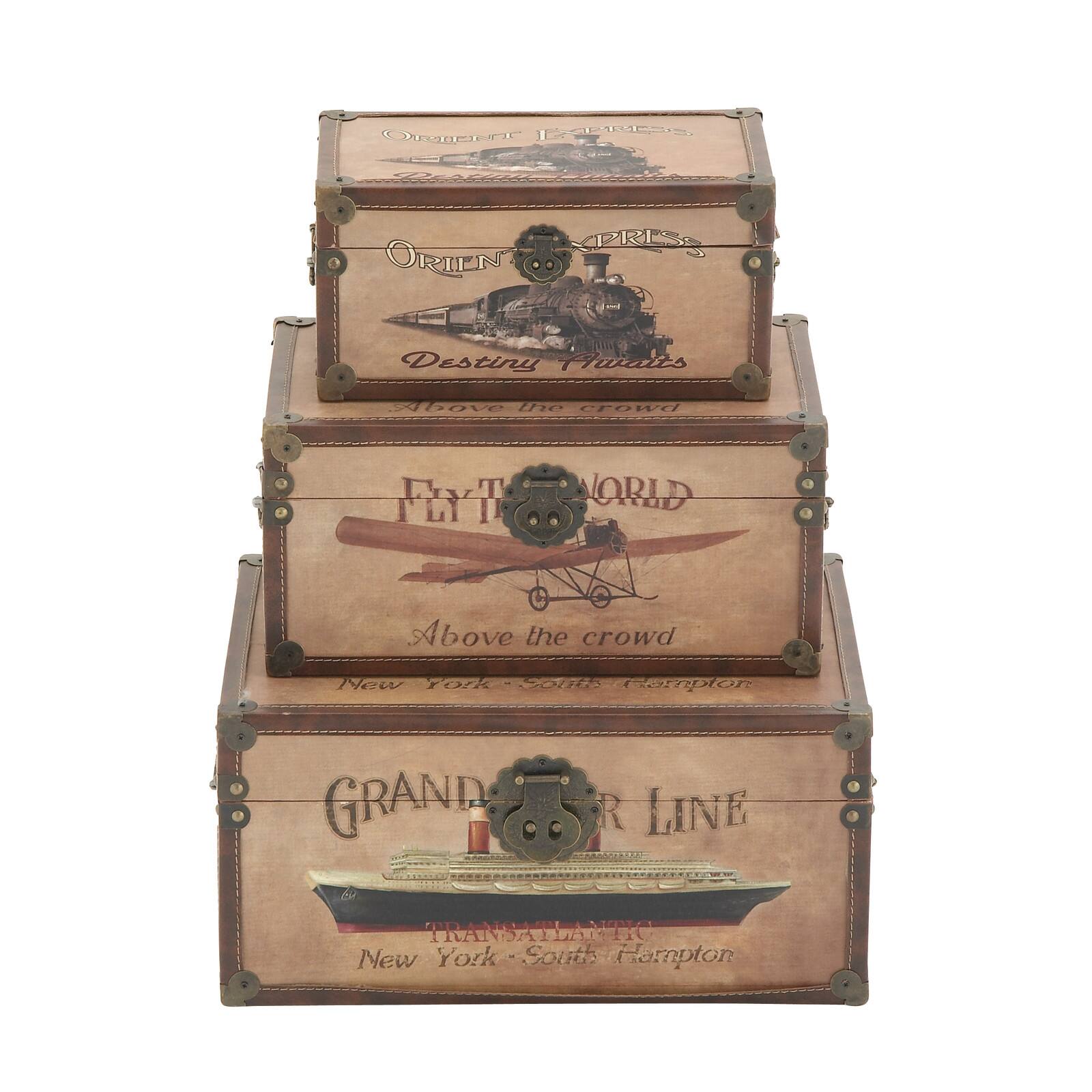 Set of 3" Brown Wood Vintage Trunk, 17", 15", 12"