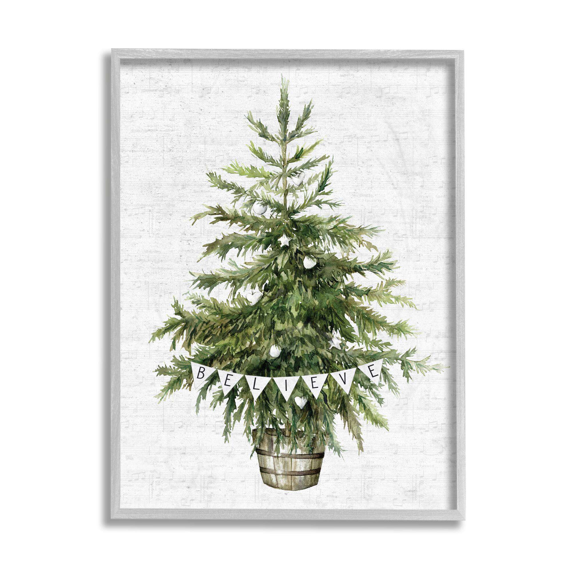 Stupell Industries Holiday Green Fir Tree with Believe Phrase Framed Wall Art