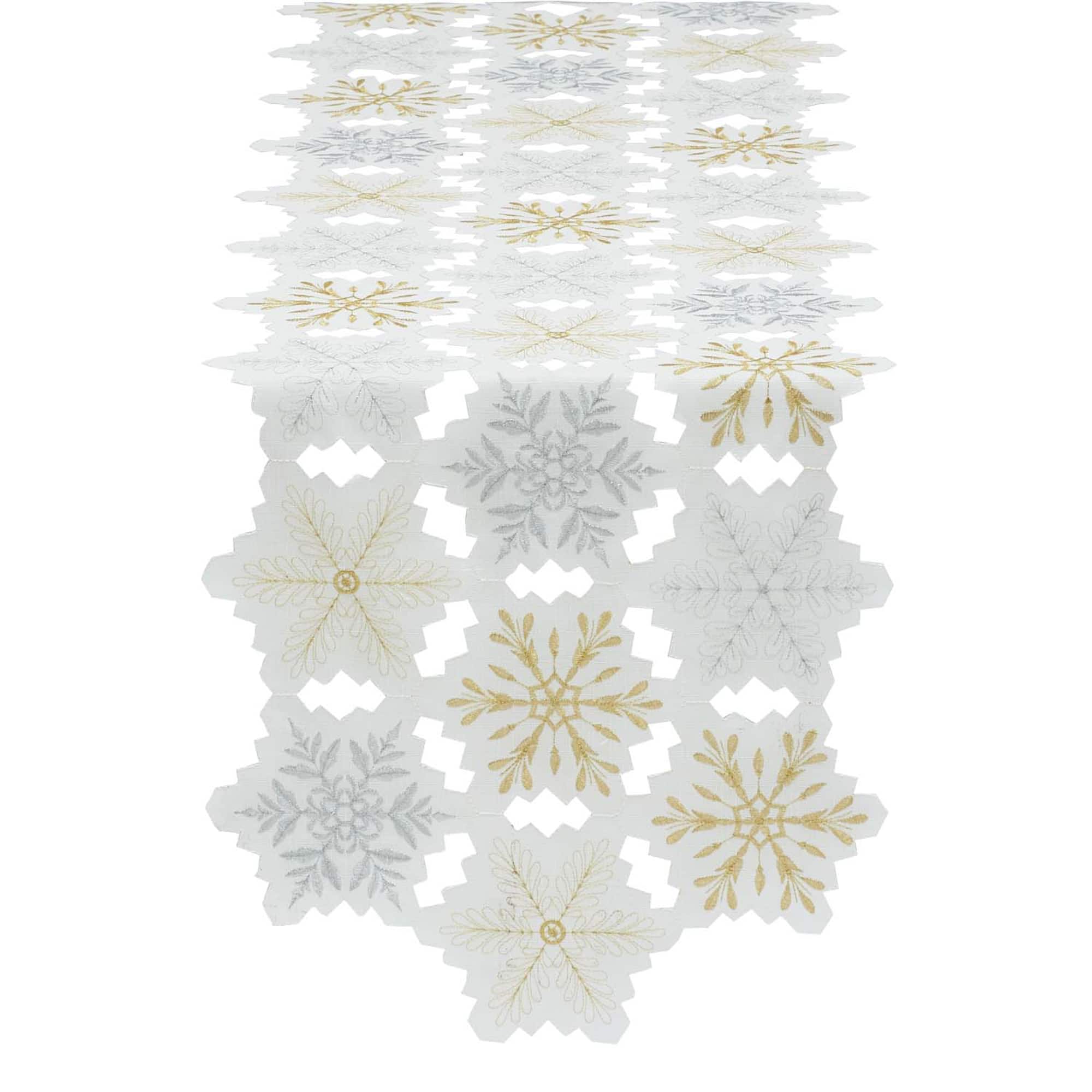 DII® 54" White and Gold Embroidered Snowflakes Table Runner