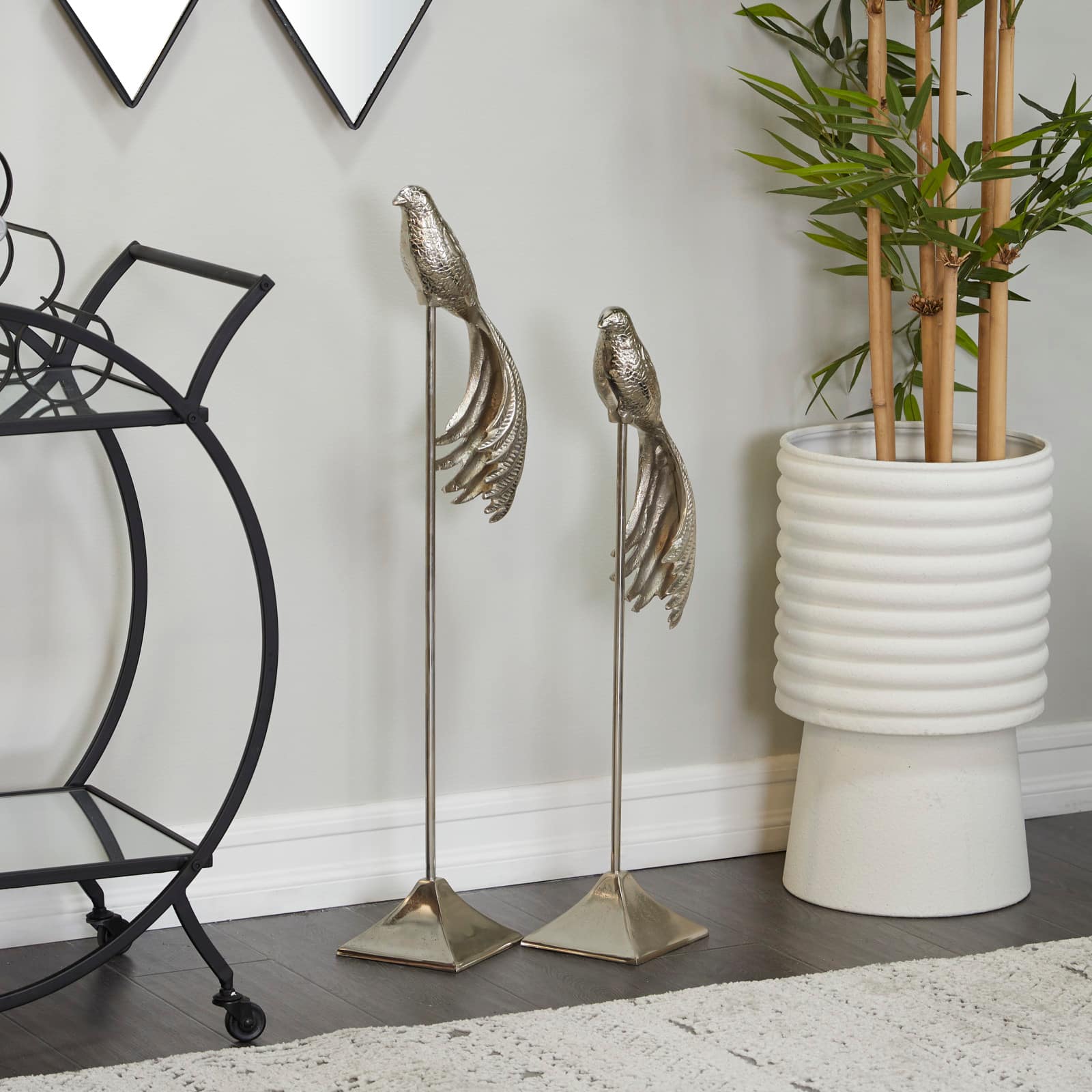 Silver Aluminum Eclectic Birds Sculpture, Set of 2" 32", 27"