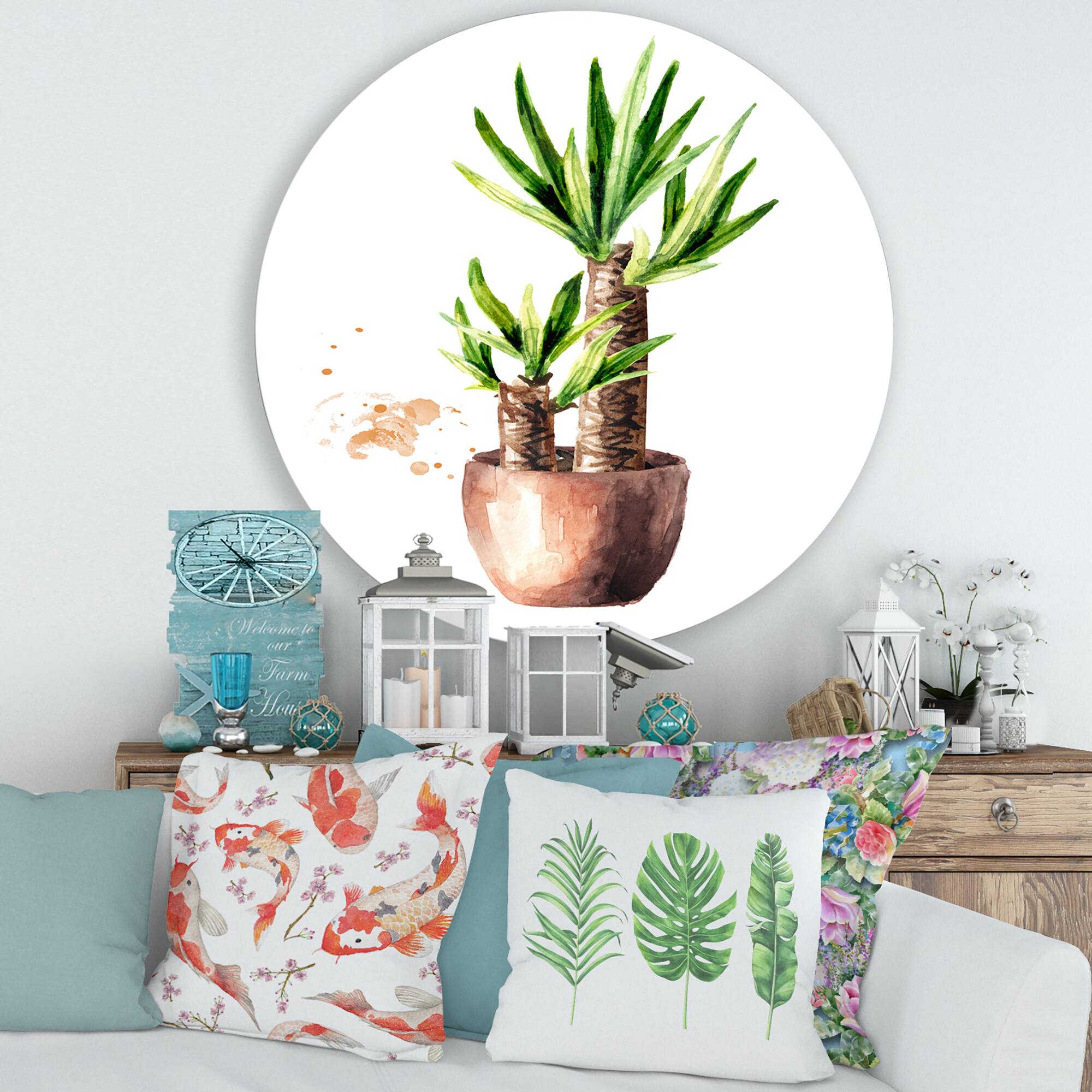 Designart - Yucca Tree In The Ceramic Flower Pot - Traditional Metal Circle Wall Art
