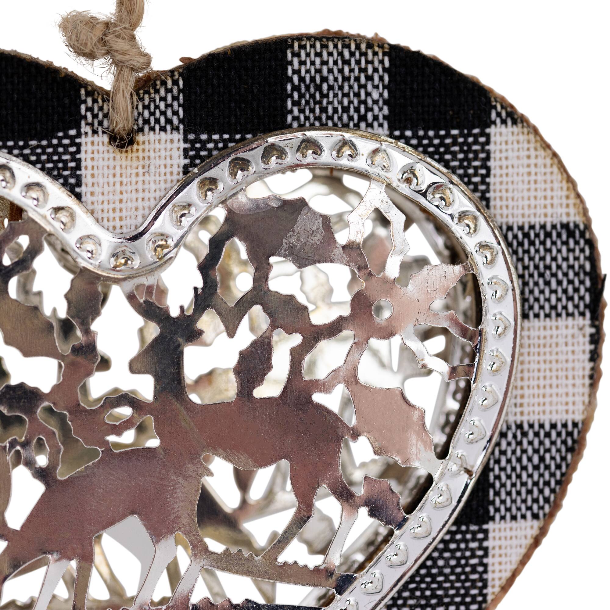 4.25" Black and White Buffalo Plaid Heart with Reindeer Christmas Ornament