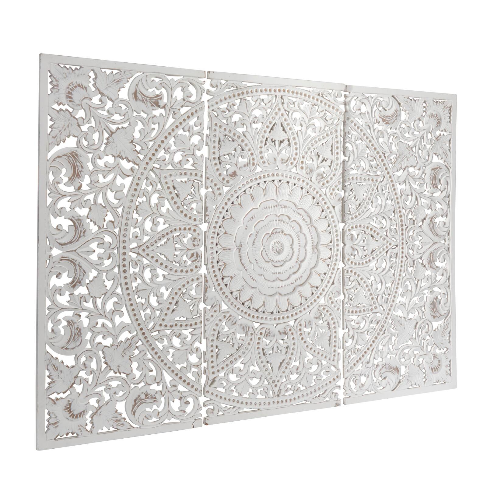 White Wood Handmade Intricately Carved Floral Wall Decor with Mandala Design Set of 3 22", 48"