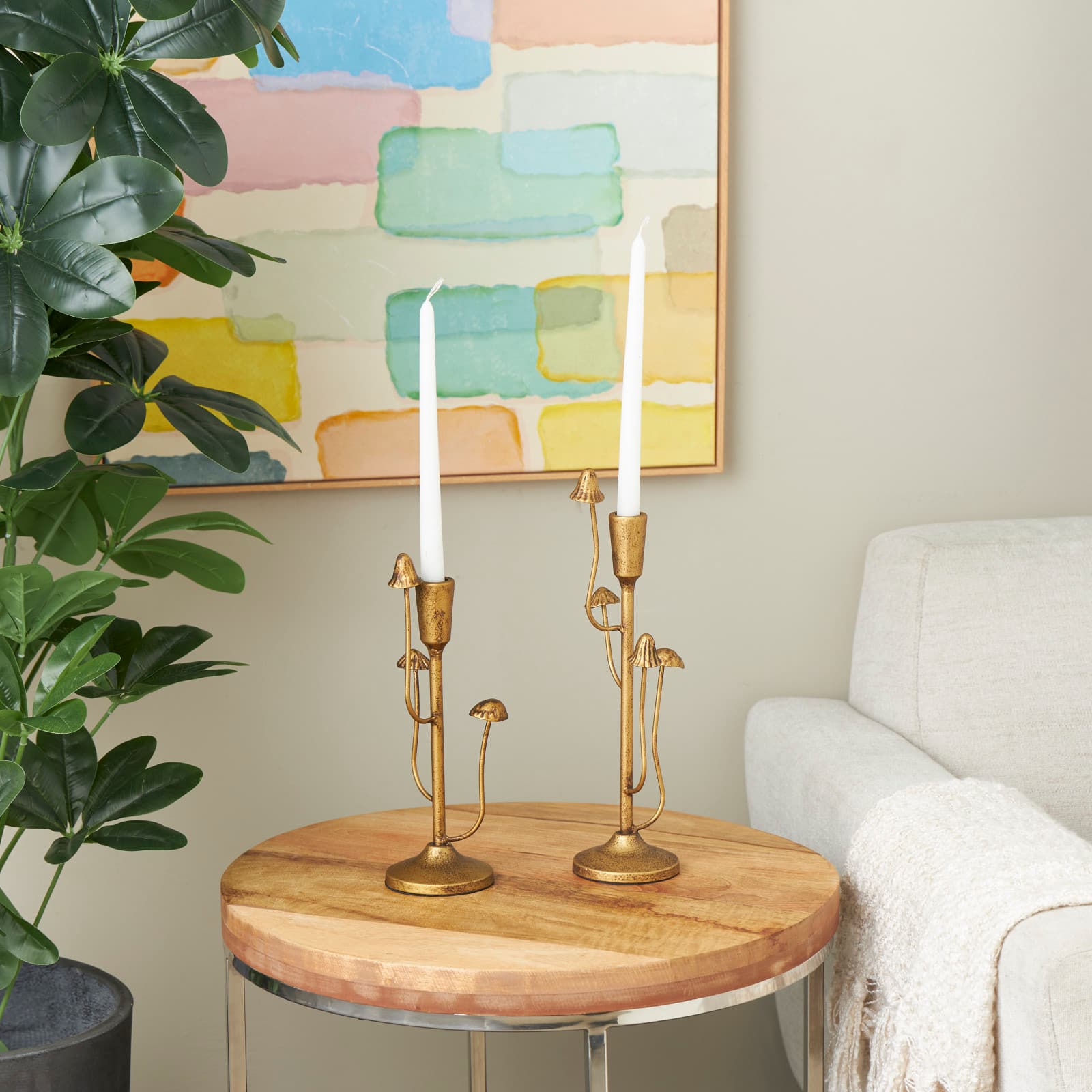 Gold Metal Abstract Mushroom Inspired Candle Holder Set