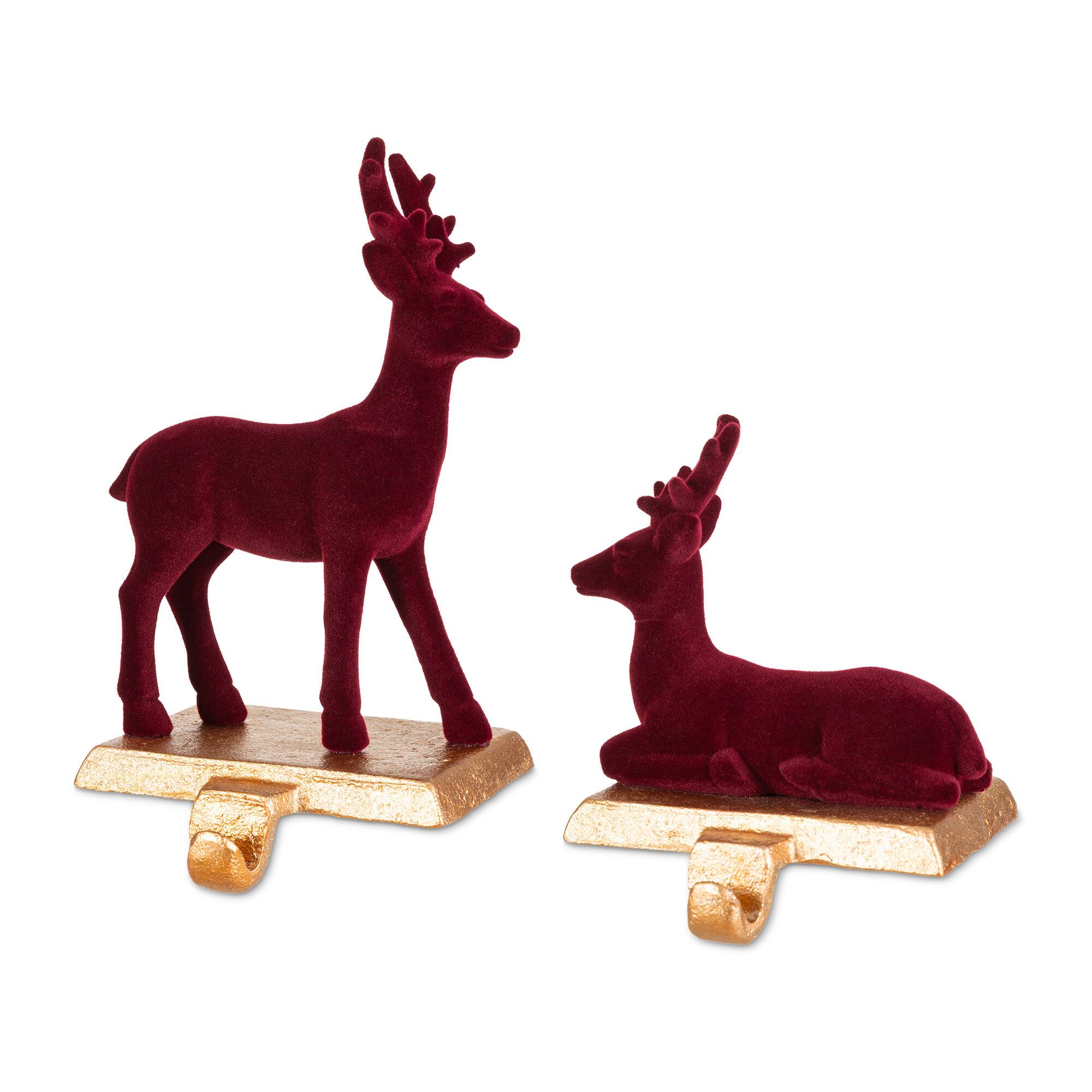 Glitzhome® Set of 2 Flocked Burgundy Resin Standing & Sitting Reindeer Stocking Holders