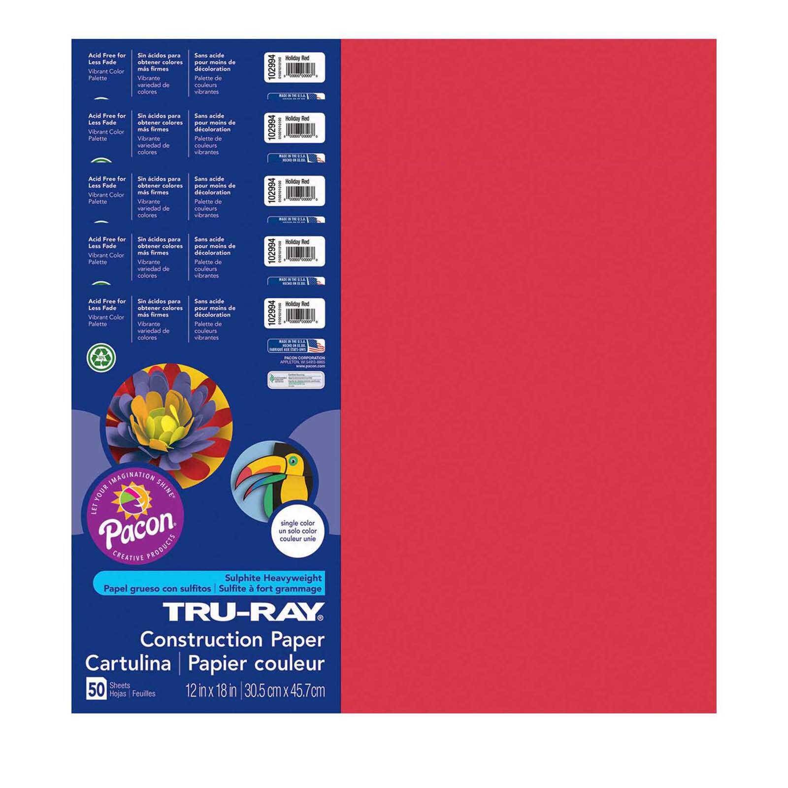 Pacon PAC102994-5 12 x 18 in. Tru Ray Holiday Red Construction Paper - 50 Sheets Per Pack - Pack of 5