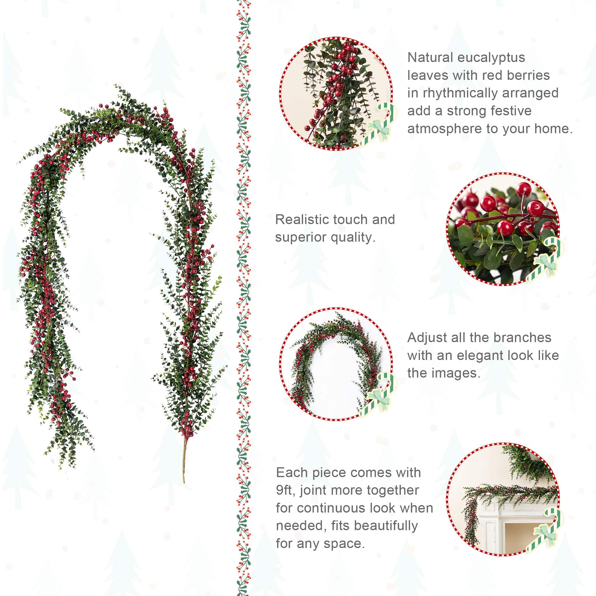 Glitzhome® 9ft. Christmas Greenery PE Dripping Eucalyptus Garland with Red Berries, Set of 2