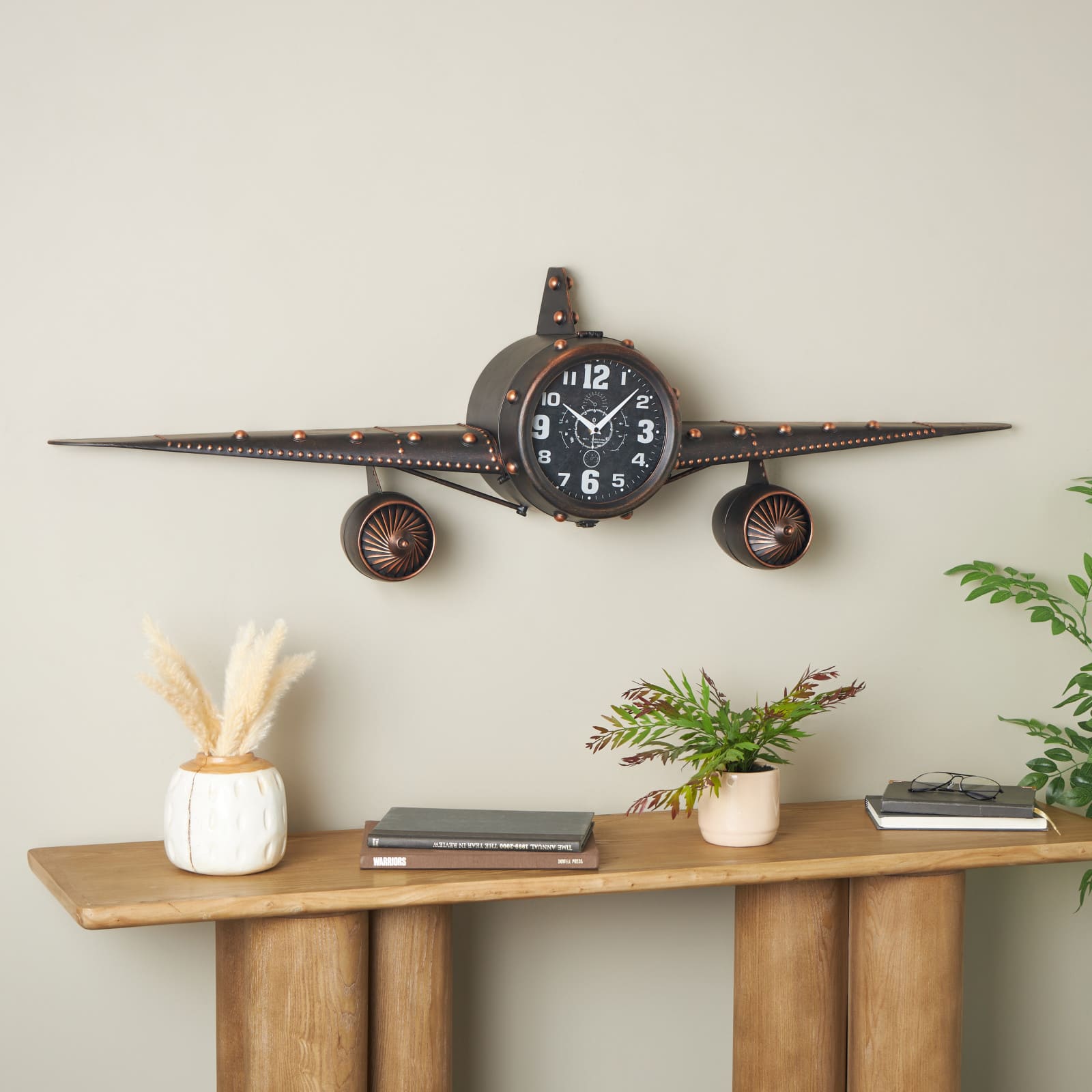17" Dark Brown Metal Airplane Decorative Wall Clock with Copper Accents