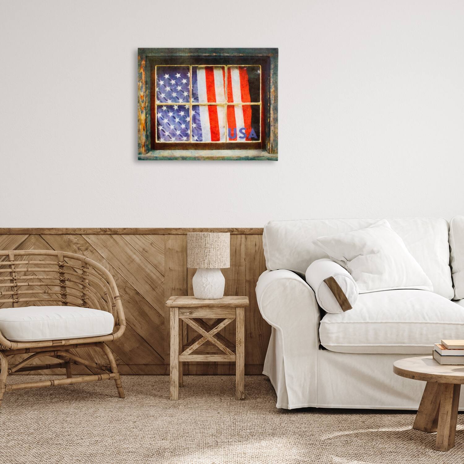 Stupell Industries Patriotic American Flag Rustic Window Festive Home Canvas Wall Art