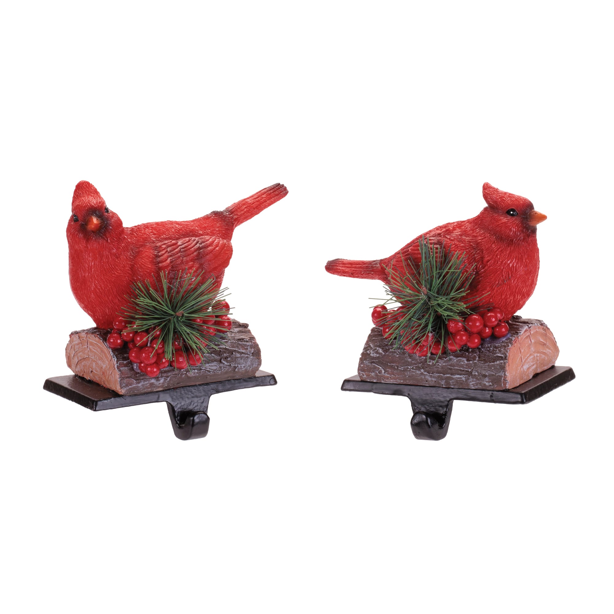 Melrose 5.5" Red Cardinal Stocking Holders with Pine & Berries Set