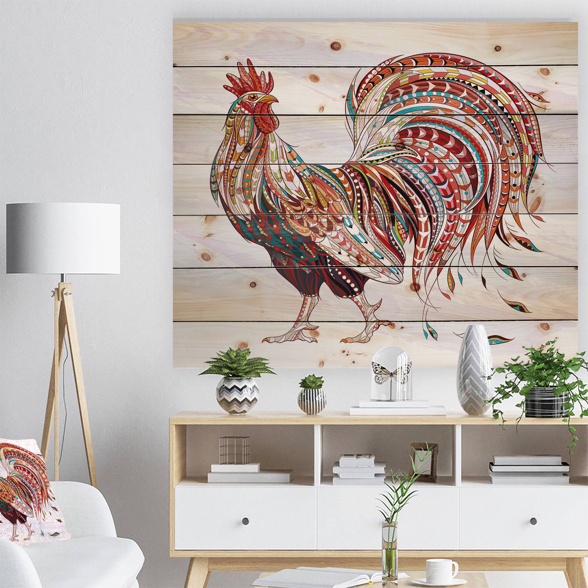 Designart - Patterned rooster Symbol of chinese new year - Farmhouse Animals of Painting Print on Natural Pine Wood