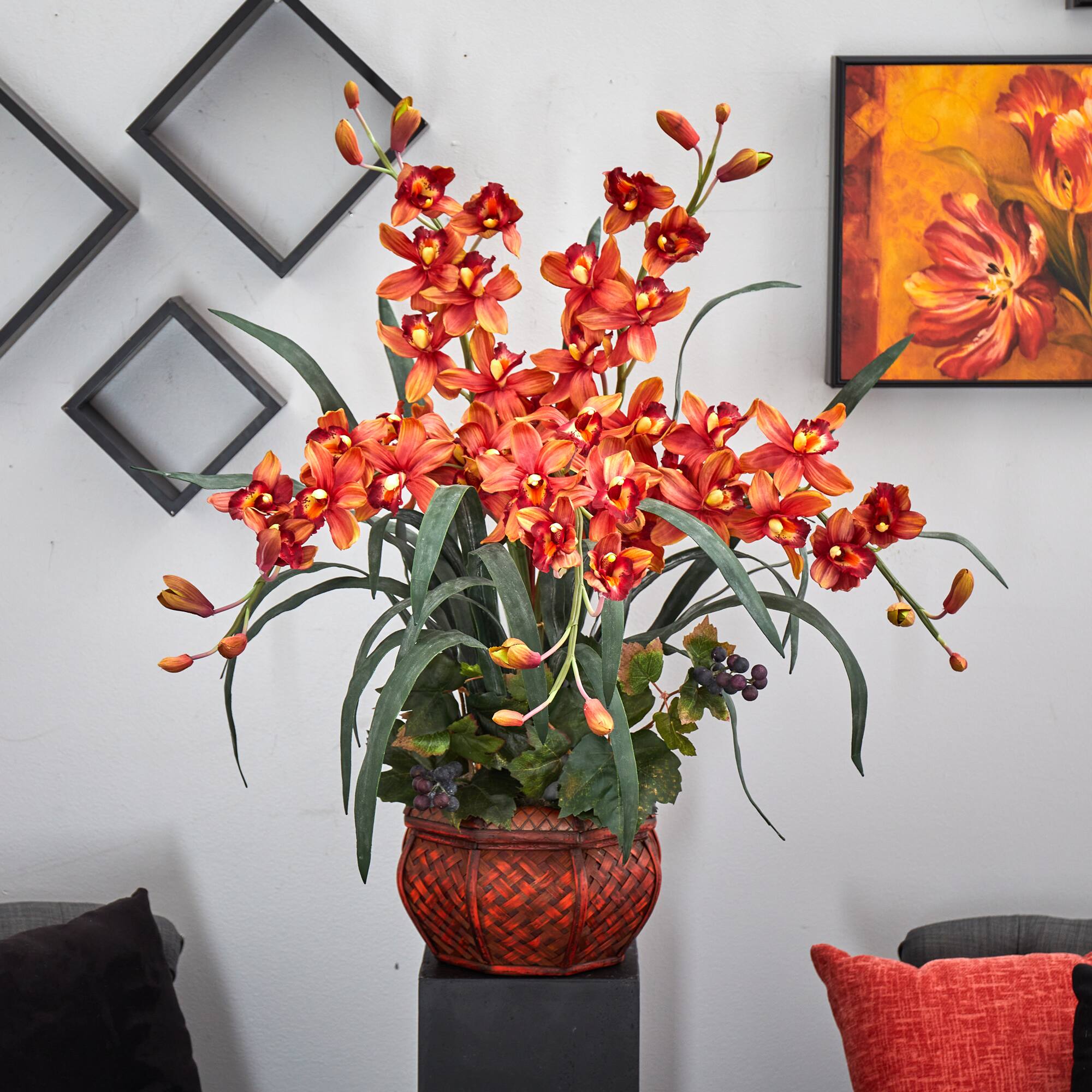 30" Burgundy Silk Cymbidium Arrangement with Decorative Vase