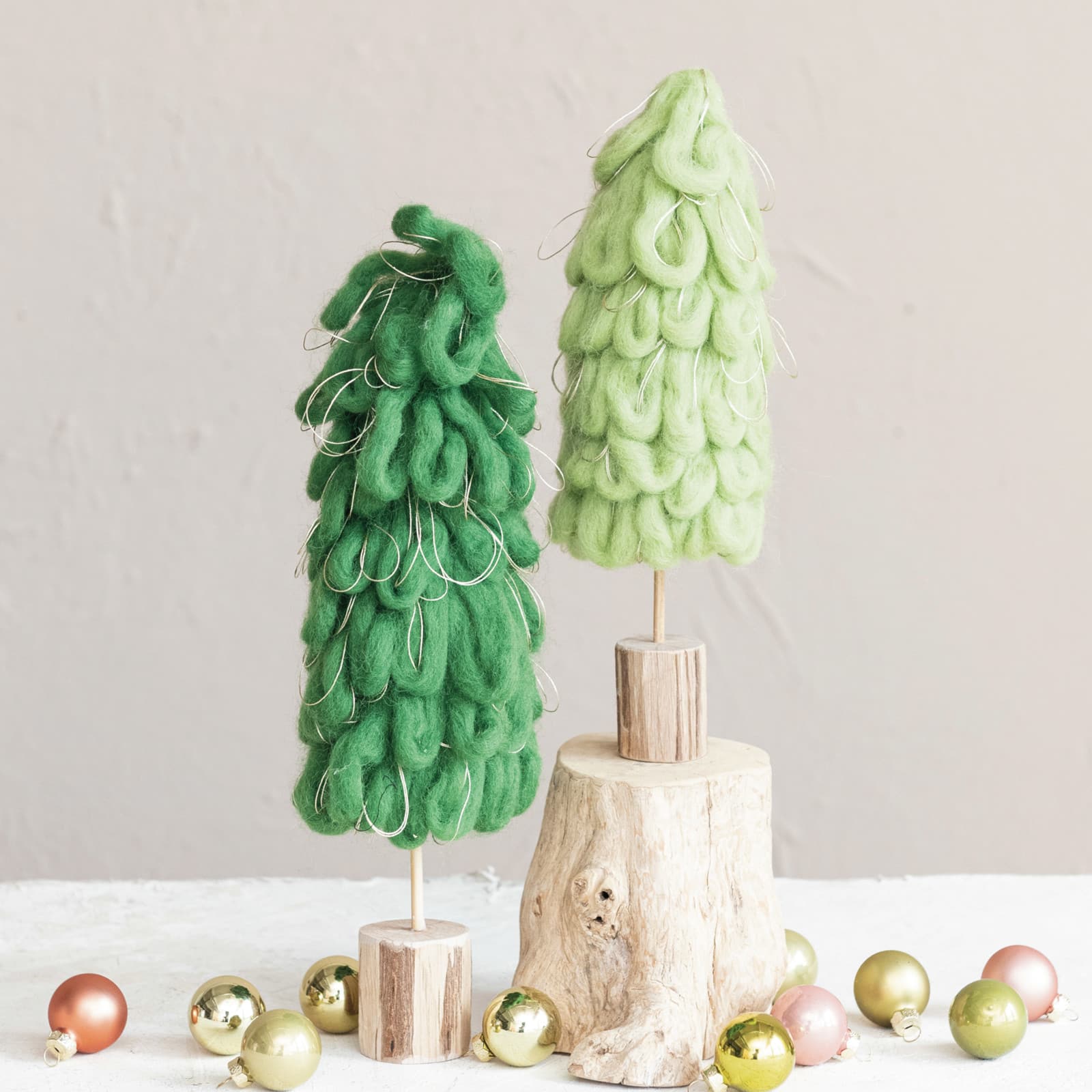 Hello Honey® 12" Light Green Wool Tree with Gold Cord & Wood Base