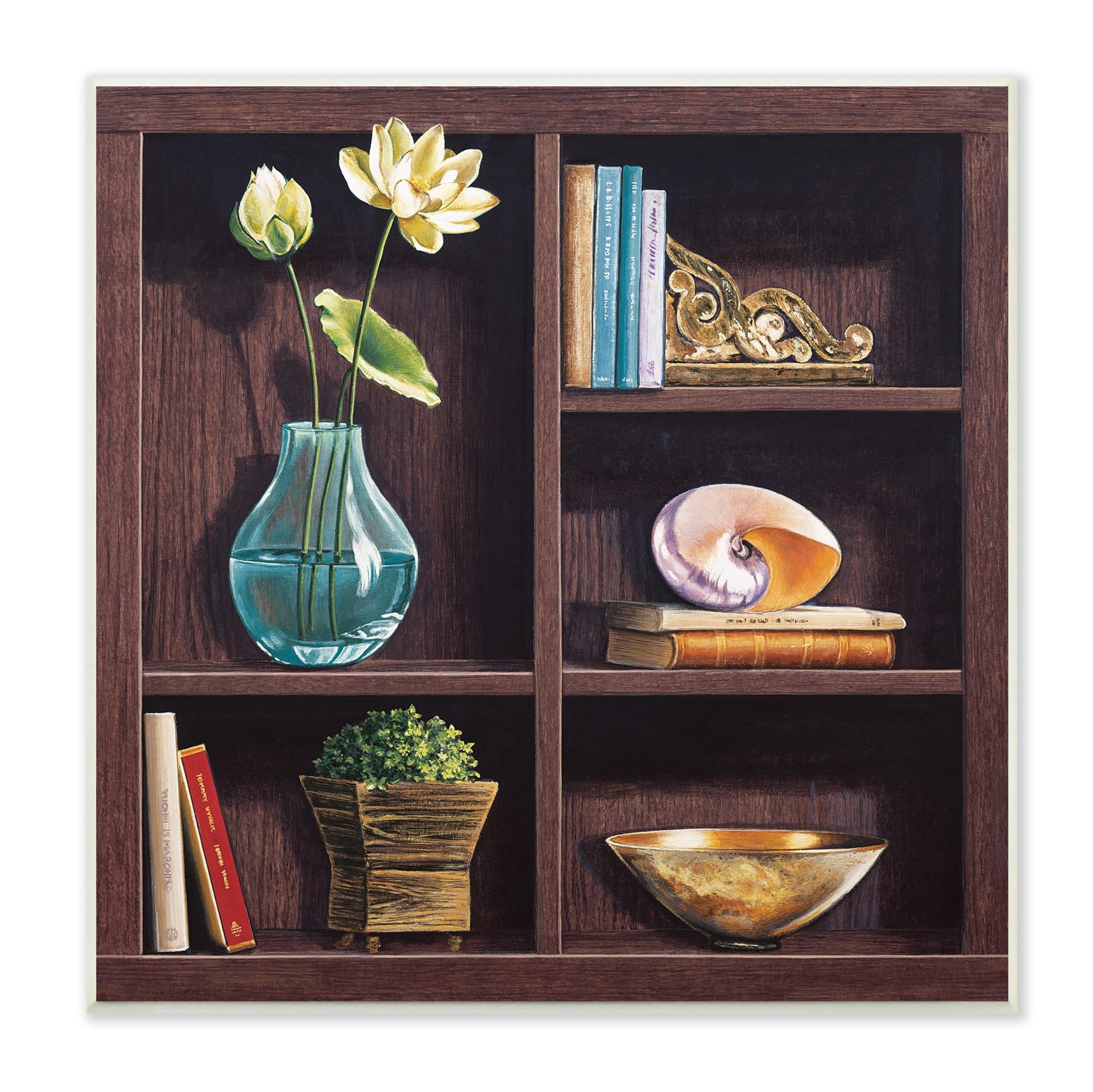 Stupell Industries Elegant Bookshelf Still-Life with Lotus Floral Vase, 12" x 12"
