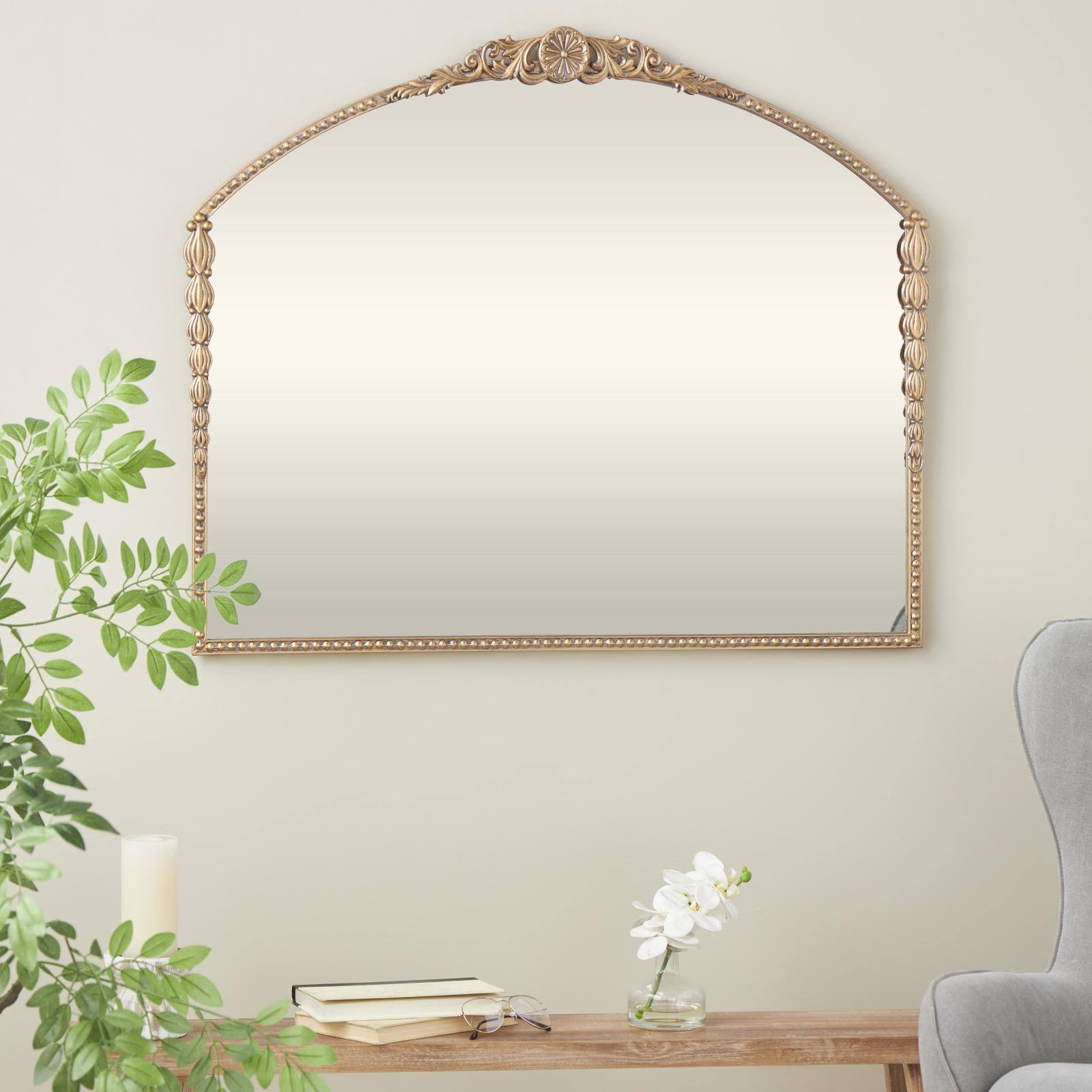 33" Gold Metal Scroll Orante Antique Arch Wall Mirror with Beaded Frame
