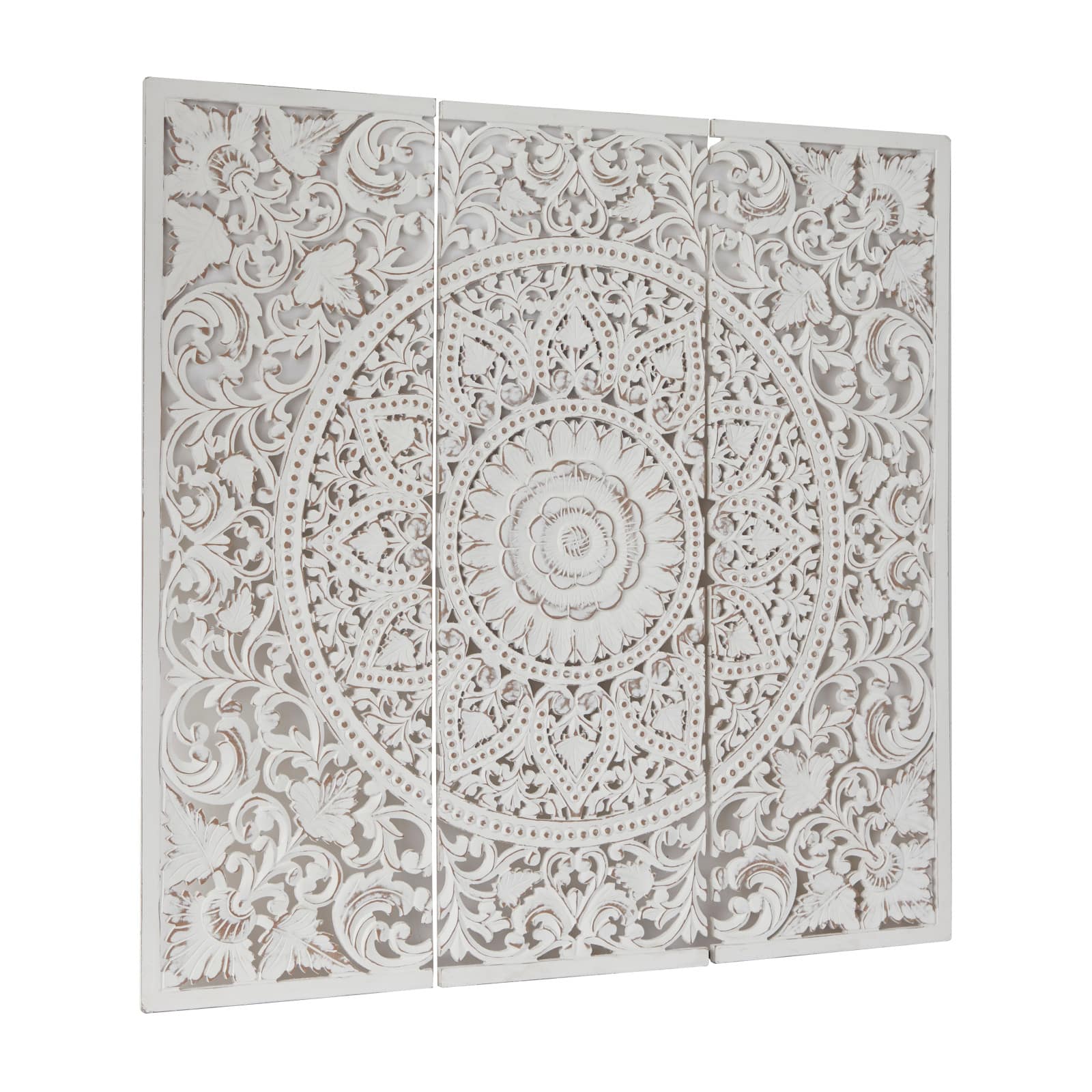 White Wood Handmade Intricately Carved Floral Wall Decor with Mandala Design Set of 3 16", 48"