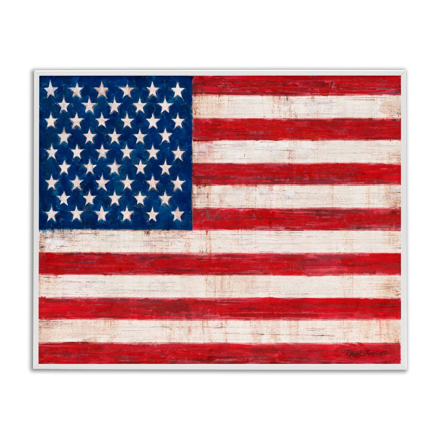Stupell Industries Rustic American Flag Red White Blue Distressed Pattern Framed Giclee Art