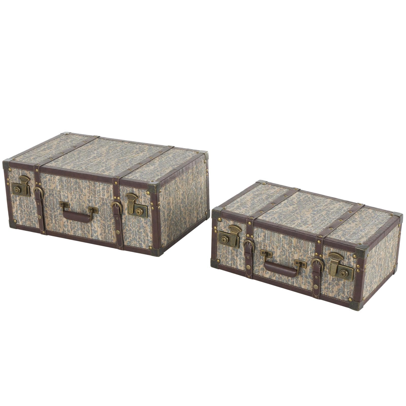 Vintage Blue & Dark Brown Floral Trunk Set