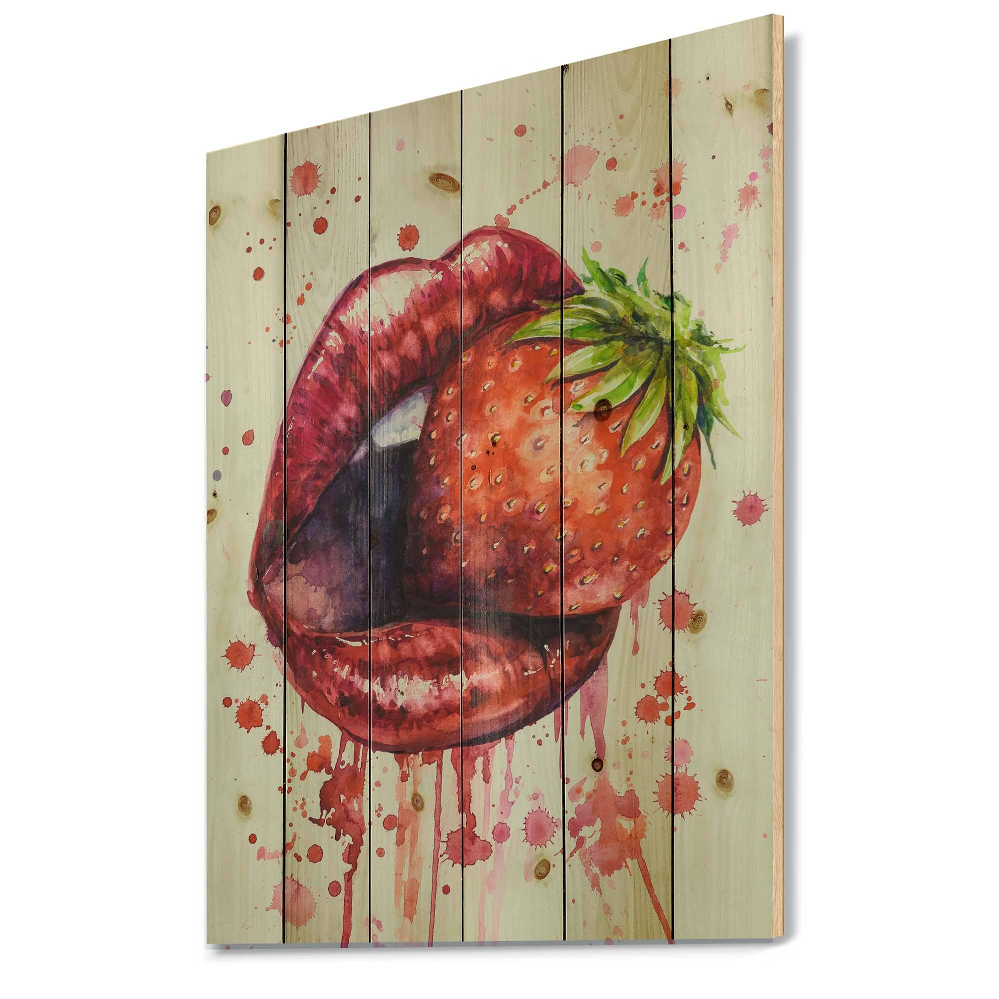 Designart - Red Woman Lips Eating A Strawberry - Modern Print on Natural Pine Wood