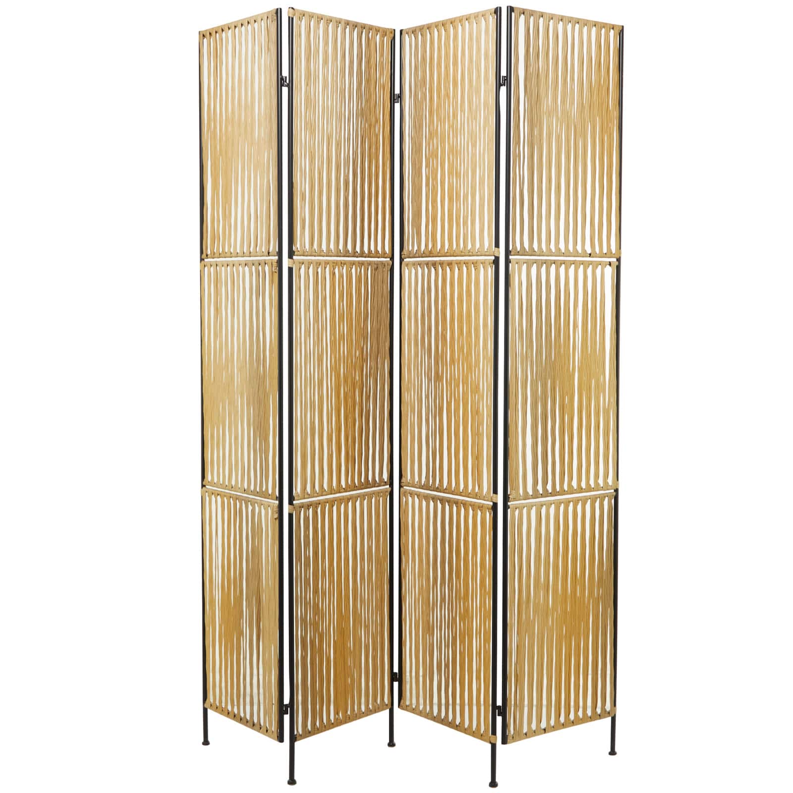 Light Brown Rattan Handmade Hinged Foldable Partition 4 Panel Room Divider Screen with Wrapped Seagrass Design 63" x 1" x 71"
