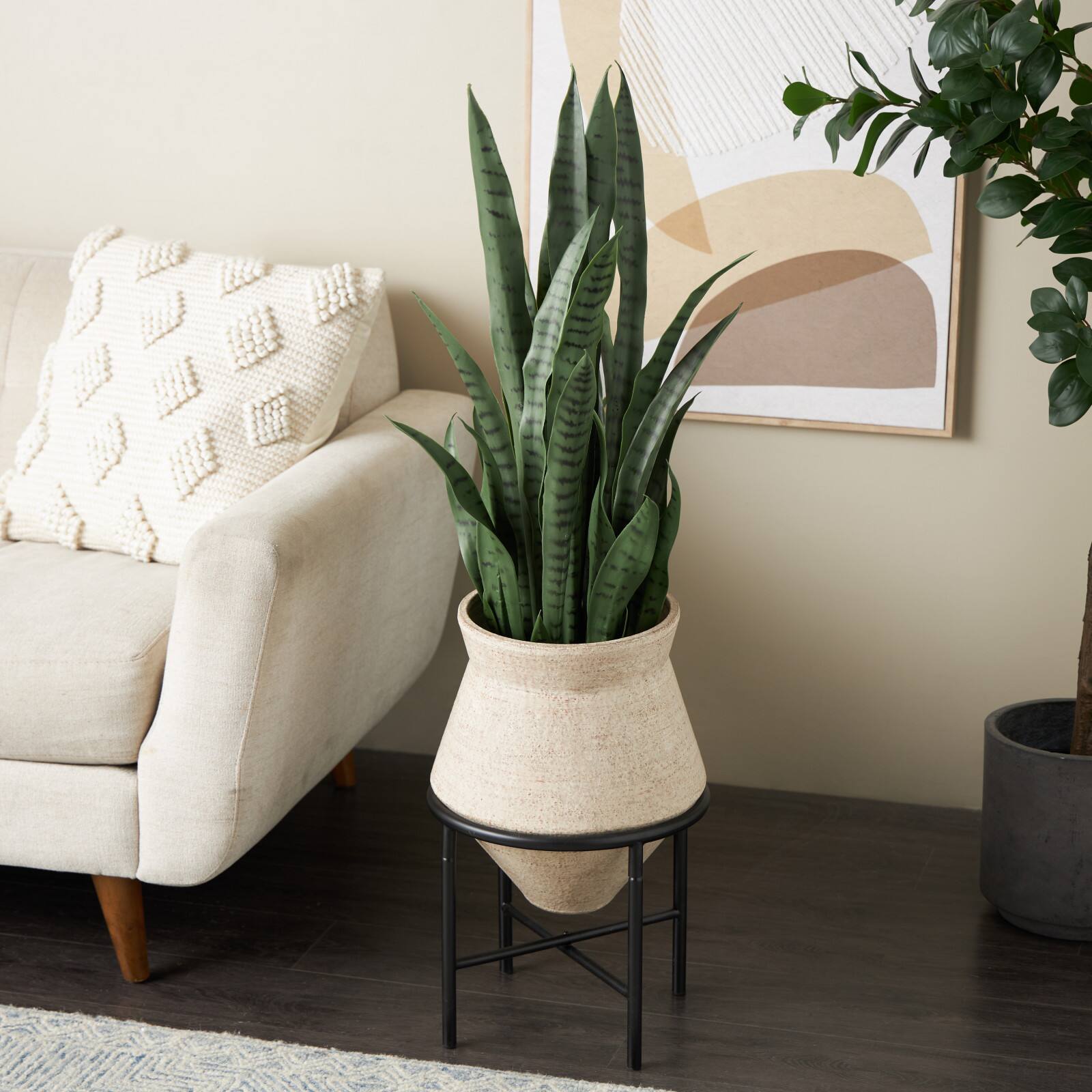 20" Beige Metal Wide Vase with Black Metal Stands
