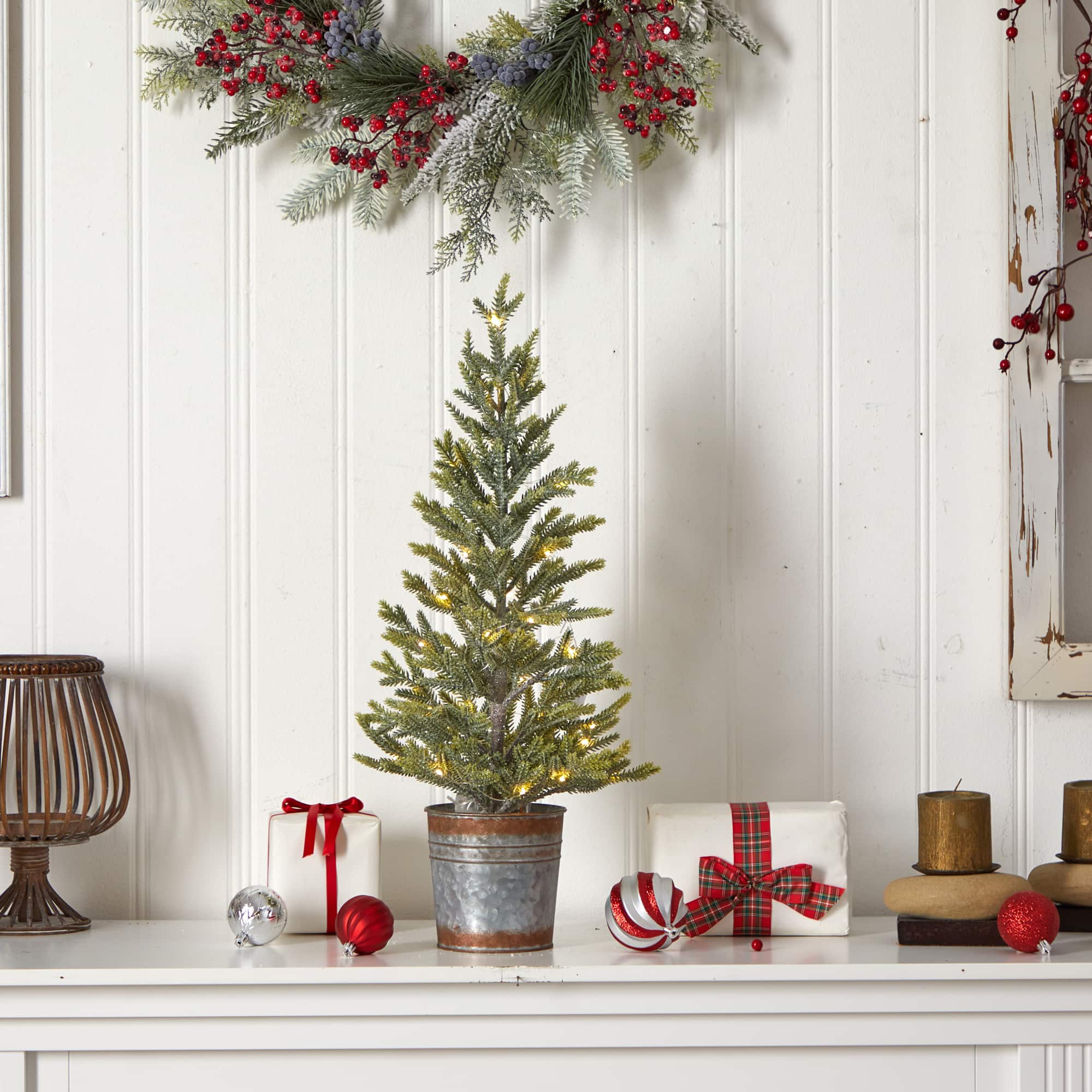 2ft. Pre-Lit Pine Artificial Christmas Tree in Rustic Metal Planter, Warm White Lights