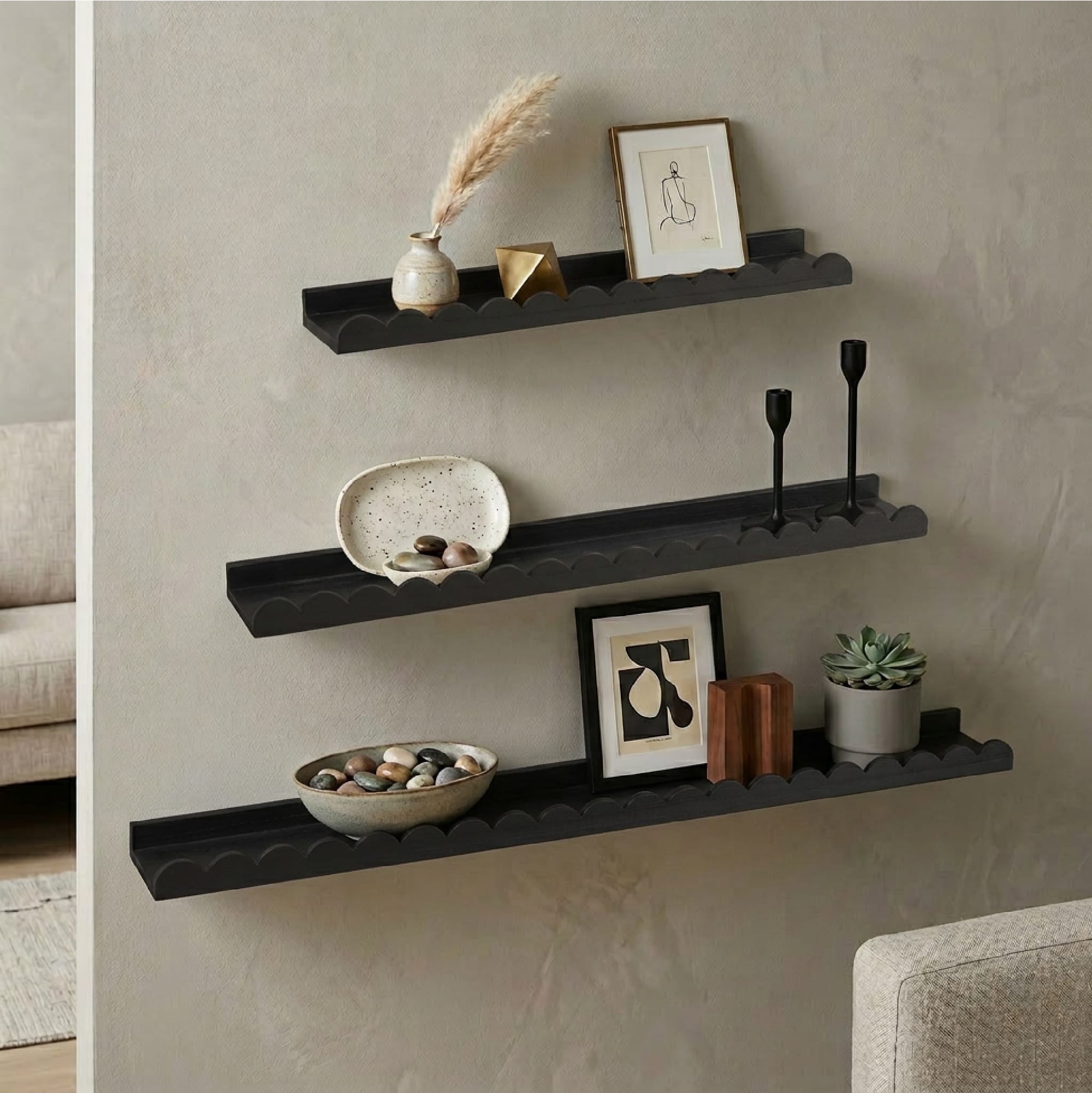 American Art Decor Matte Black Scallop Wood Floating Wall Shelf Set
