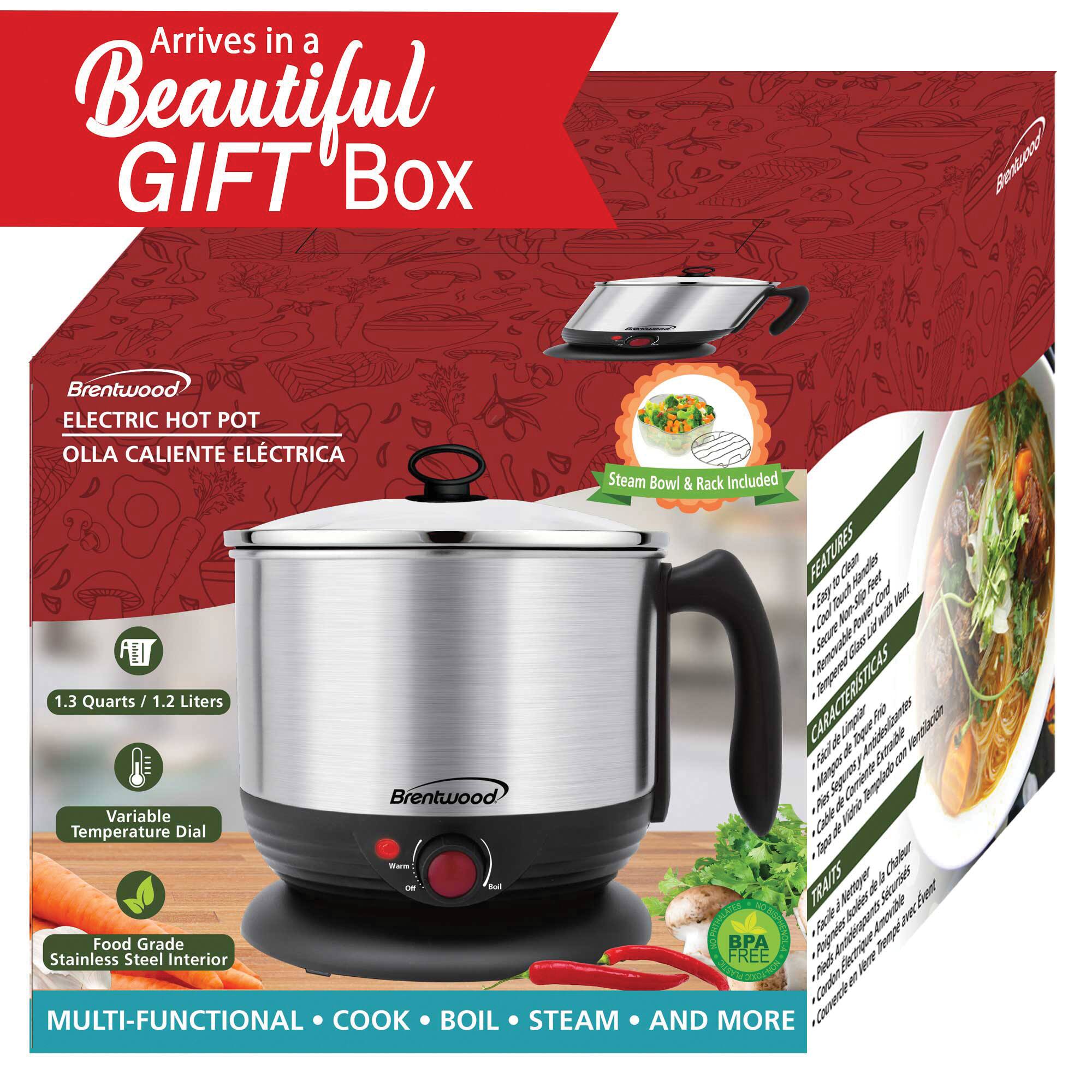 Brentwood Black 1.3qt. 600 Watt Stainless Steel Cordless Electric Hot Pot Cooker & Food Steamer With Swivel Base